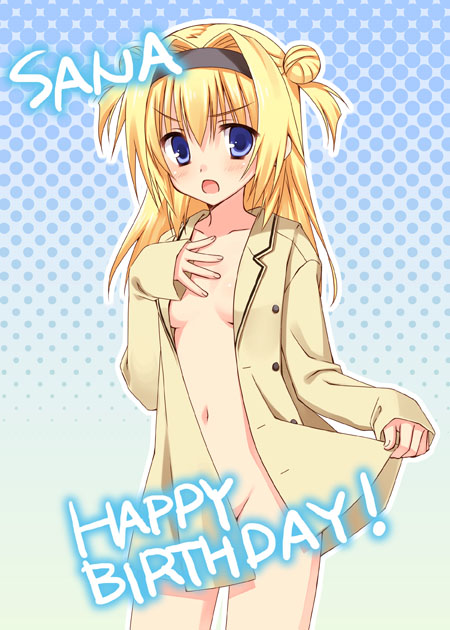 muririn, chitose sana, tenshinranman, commentary request, 1girl, black hairband, blonde hair, blue background, blue eyes, blush, borrowed clothes, breasts, breasts apart, character name, cowboy shot, double bun, eyes visible through hair, groin, hair between eyes, hair bun, hair intakes, hairband, hand on own chest, hand up, happy birthday, jacket, long hair, looking at viewer, naked jacket, navel, official artist extra, open clothes, open jacket, open mouth, outline, outstretched hand, oversized clothes, oversized jacket, polka dot, polka dot background, school uniform, simple background, sleeves past wrists, small breasts, solo, stomach, two side up, v-shaped eyebrows, white outline, yellow jacket