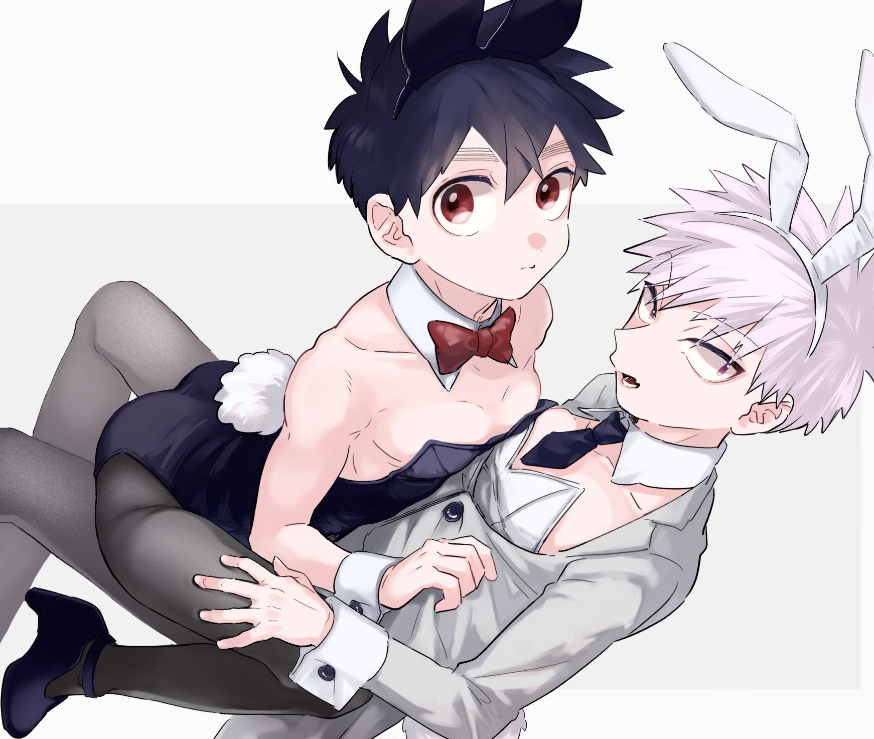 wao (77 af5), kusaka kabane, tademaru shiki, kemono jihen, highres, 2boys, bare shoulders, black hair, black pantyhose, bow, bowtie, closed mouth, detached collar, leotard, male focus, multiple boys, pantyhose, purple eyes, rabbit ears, rabbit tail, red eyes, short hair, thick eyebrows, wrist cuffs, yaoi