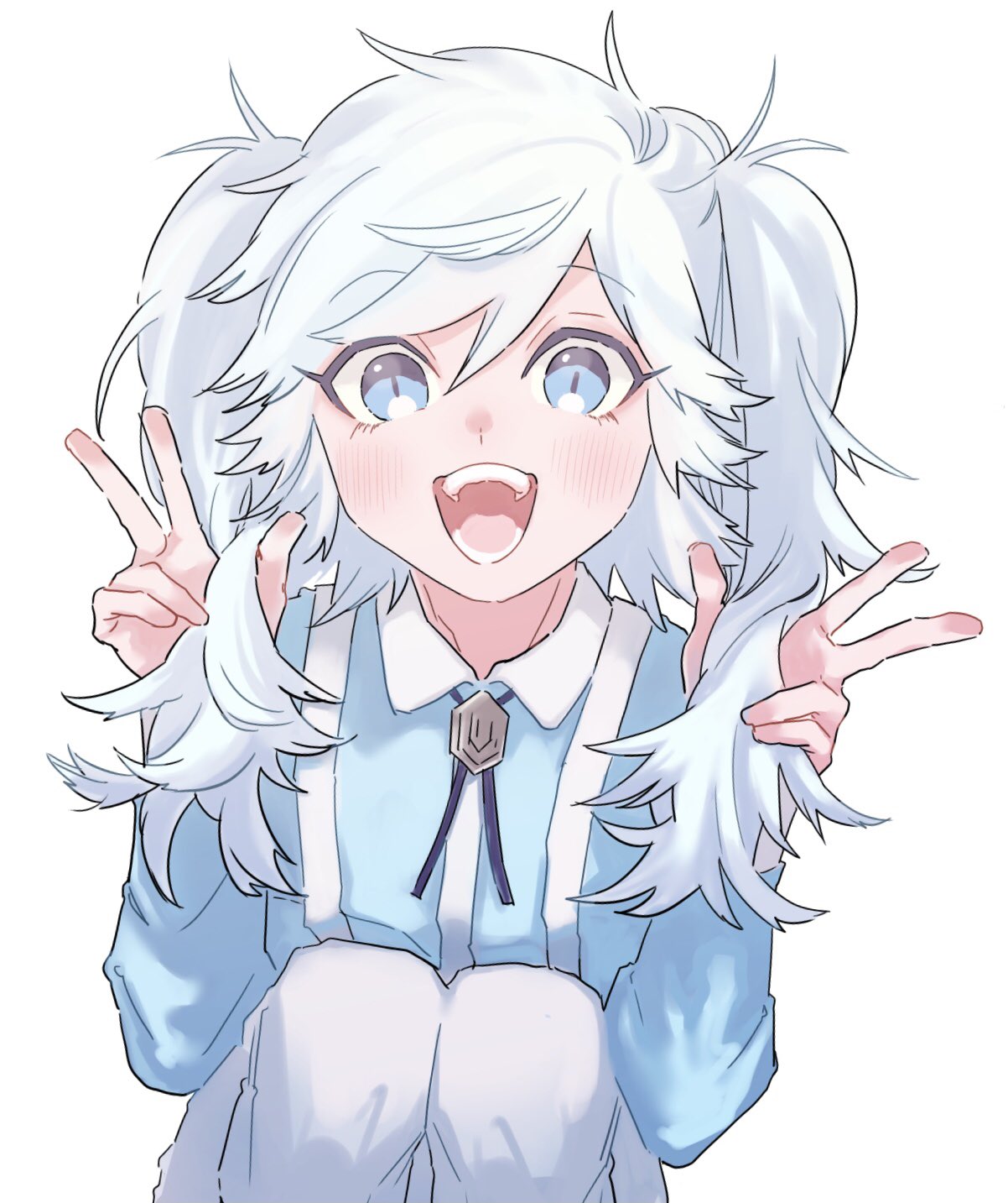 wao (77 af5), iwakiyamayukisatoshironanogojuurokushi akira, kemono jihen, highres, 1boy, androgynous, blue eyes, blush, bolo tie, collared shirt, long hair, male focus, open mouth, shirt, solo, suspenders, teeth, v, white background, white hair