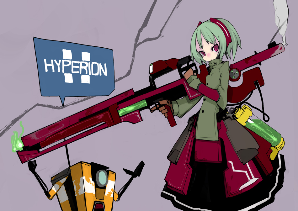 hyperion, kimura akiyoshi, claptrap, borderlands (series), bad id, bad pixiv id, 1girl, dress, female focus, green hair, gun, red eyes, rifle, short hair, solo, trigger discipline, weapon