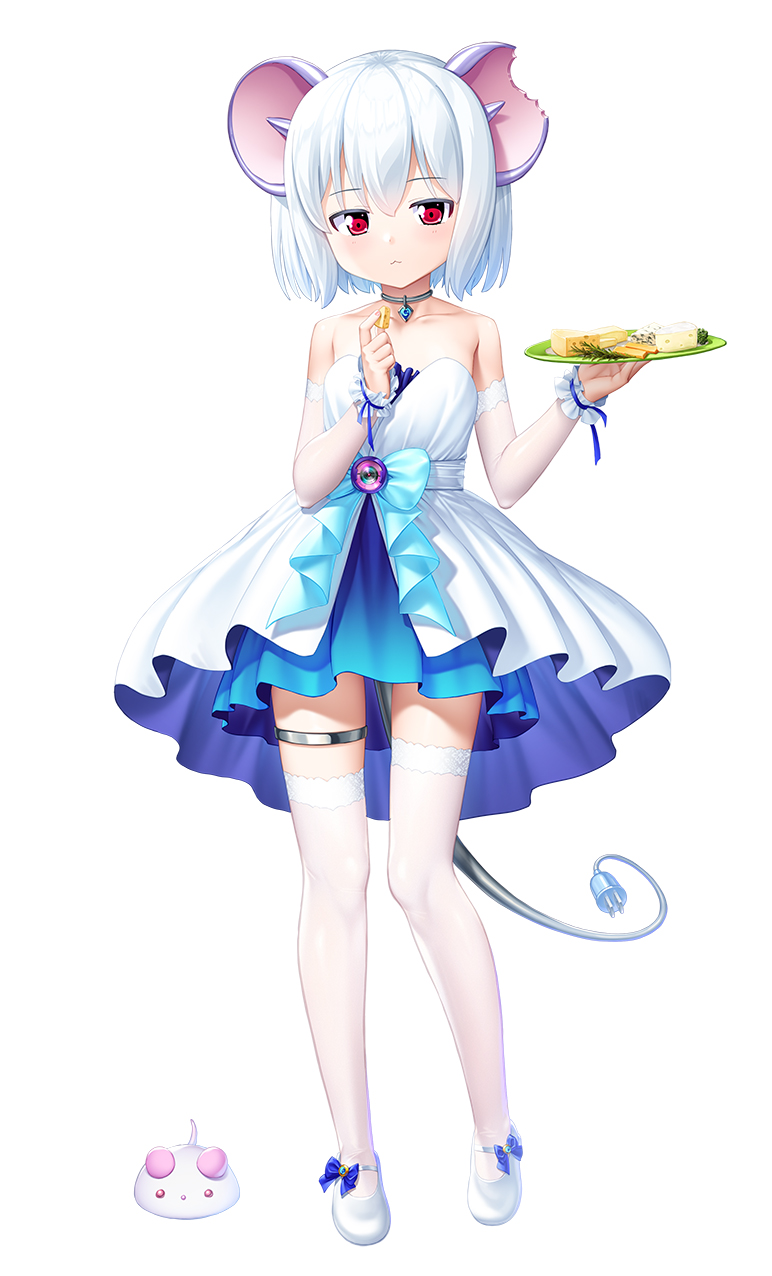 kuuchuu yousai, taimanin (series), taimanin rpgx, commentary request, highres, second-party source, 1girl, animal ears, cable, cable tail, cheese, choker, dress, food, full body, holding, holding plate, looking at viewer, mechanical tail, mouse ears, mouse girl, petite, plate, red eyes, solo, standing, tail, tenko yuki, thigh strap, thighhighs, white background, white dress, white hair, white thighhighs