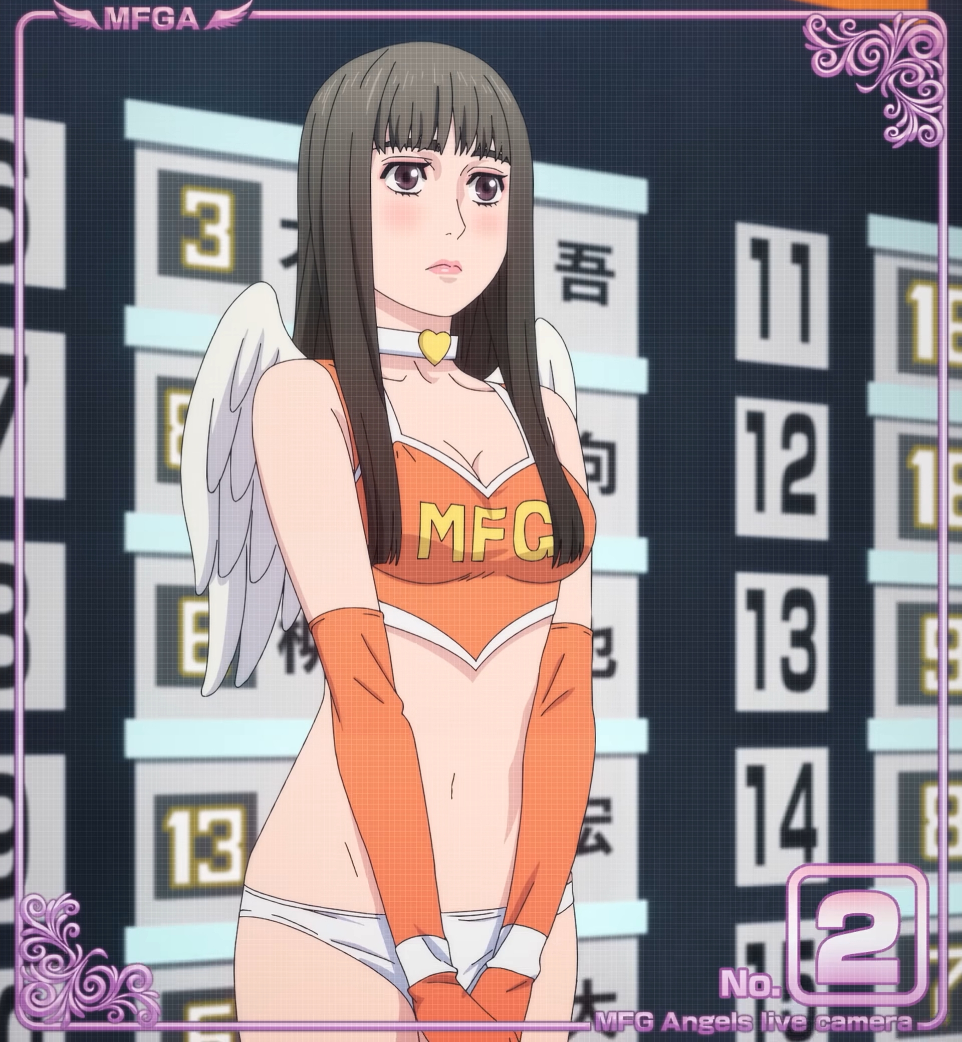 sato mami, mf ghost, anime screenshot, stitched, third-party edit, 1girl, angel wings, ass, bikini, breasts, collar, crop top, elbow gloves, gloves, makeup, medium breasts, panties, race queen, solo, swimsuit, underwear, white panties, wings