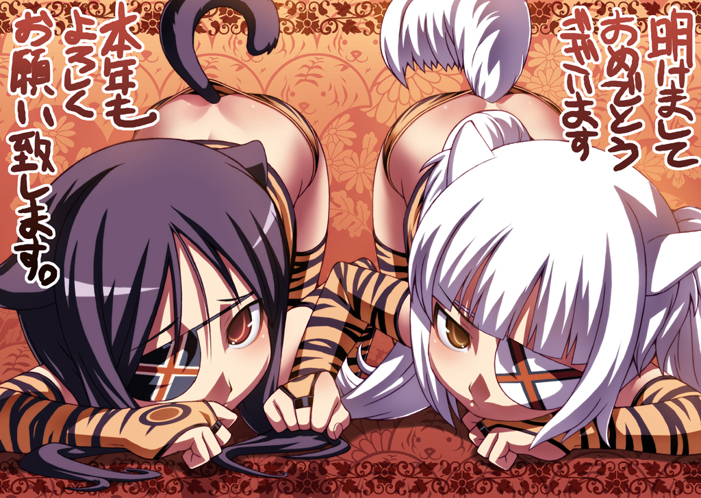 tasaka shinnosuke, original, 10s, 2010, 2girls, :3, akeome, all fours, animal ears, animal print, black hair, blush, bridal gauntlets, brown eyes, butt crack, child, eyepatch, kotoyoro, multiple girls, new year, patch, purple hair, red eyes, tail, tiger print, top-down bottom-up, white hair