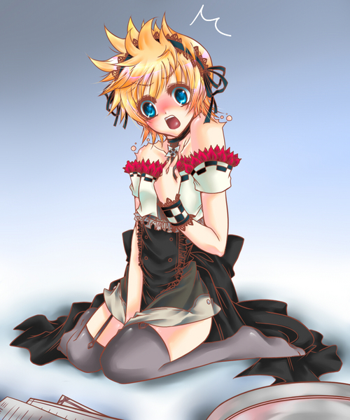 roxas, kingdom hearts, gender request, bare shoulders, blonde hair, blue eyes, embarrassed, genderswap, male focus, open mouth, short hair, sitting, skirt, thighhighs