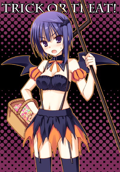 muririn, nomiya yuu, empty x embryo, commentary request, 1girl, :o, alternate costume, bare shoulders, basket, bat hair ornament, bat wings, black background, black skirt, black thighhighs, blue hair, blush, bow, bowtie, cowboy shot, detached collar, detached sleeves, eyes visible through hair, fake wings, garter straps, hair between eyes, hair ornament, halloween, halloween costume, hand on own hip, hand up, holding, holding basket, holding polearm, holding weapon, looking at viewer, miniskirt, navel, official artist extra, open mouth, orange bow, orange bowtie, orange outline, orange skirt, outline, polearm, polka dot, polka dot background, purple background, purple eyes, short hair, short sleeves, simple background, skirt, solo, stomach, suspender skirt, suspenders, sweatdrop, thighhighs, trick or treat, trident, two-tone background, two-tone skirt, v-shaped eyebrows, weapon, wings