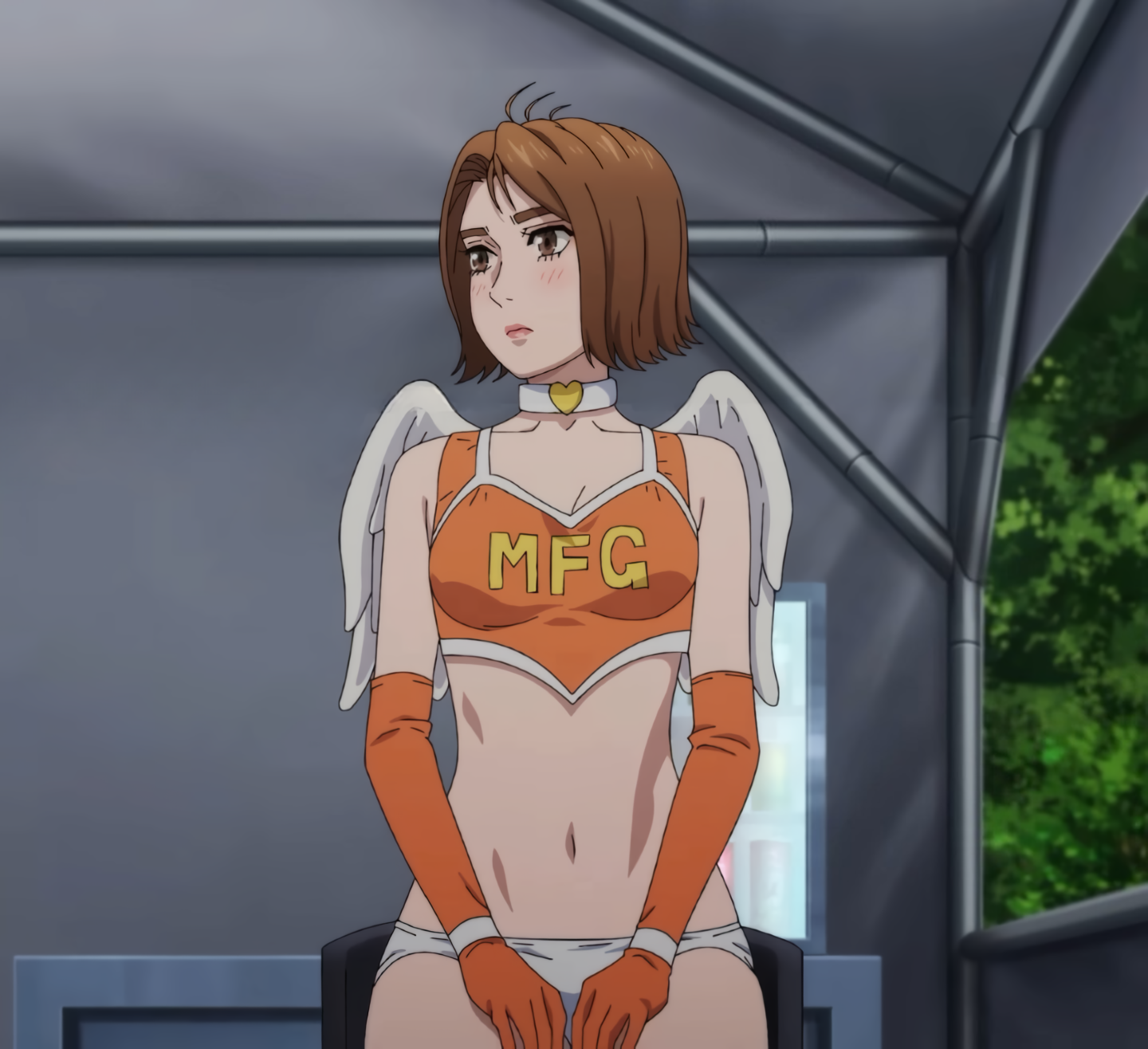 saionji ren, mf ghost, absurdres, anime screenshot, highres, stitched, third-party edit, 1girl, angel wings, ass, belly, bikini, breasts, cleavage, collar, crop top, elbow gloves, gloves, makeup, medium breasts, midriff, navel, panties, race queen, sitting, solo, swimsuit, underwear, white panties, wings