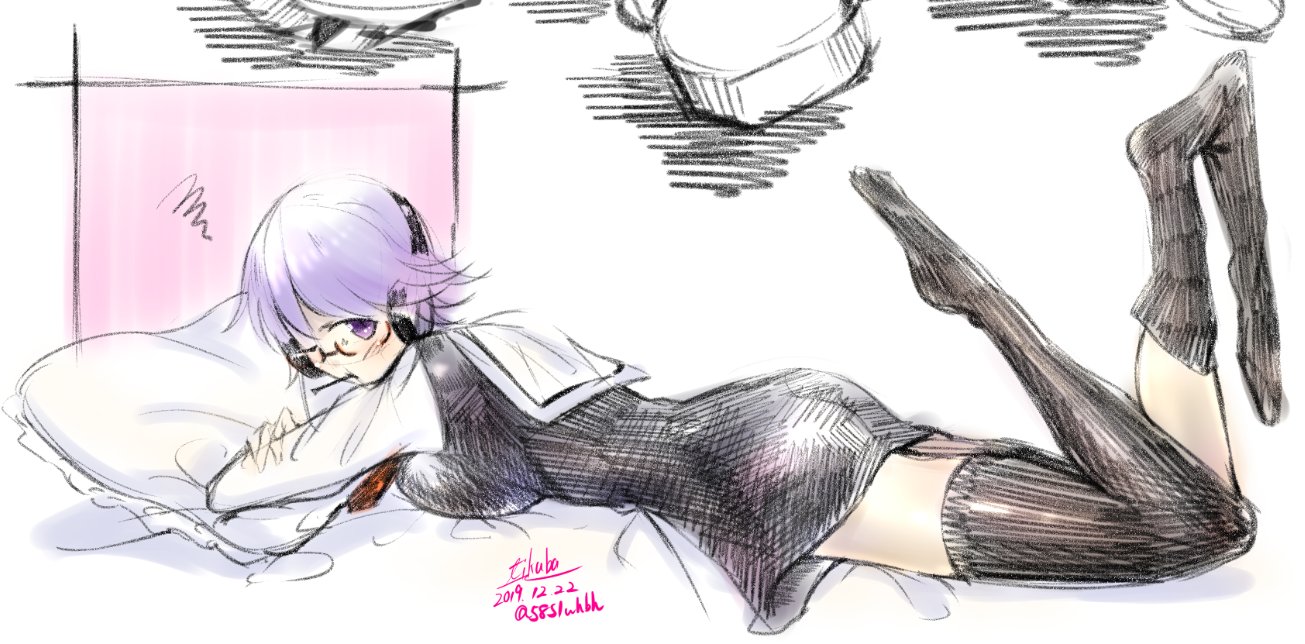 yakku, kazuki hana, chaos;child, science adventure, commentary request, 1girl, blush, breasts, dress, feet up, glasses, headphones, hekiho academy school uniform, lollipop in mouth, long sleeves, looking at viewer, lying, medium breasts, necktie, on stomach, one eye closed, pillow, purple eyes, purple hair, school uniform, short dress, short hair, short necktie, sleeveless, sleeveless dress, solo, thighhighs, thighhighs pull, zettai ryouiki