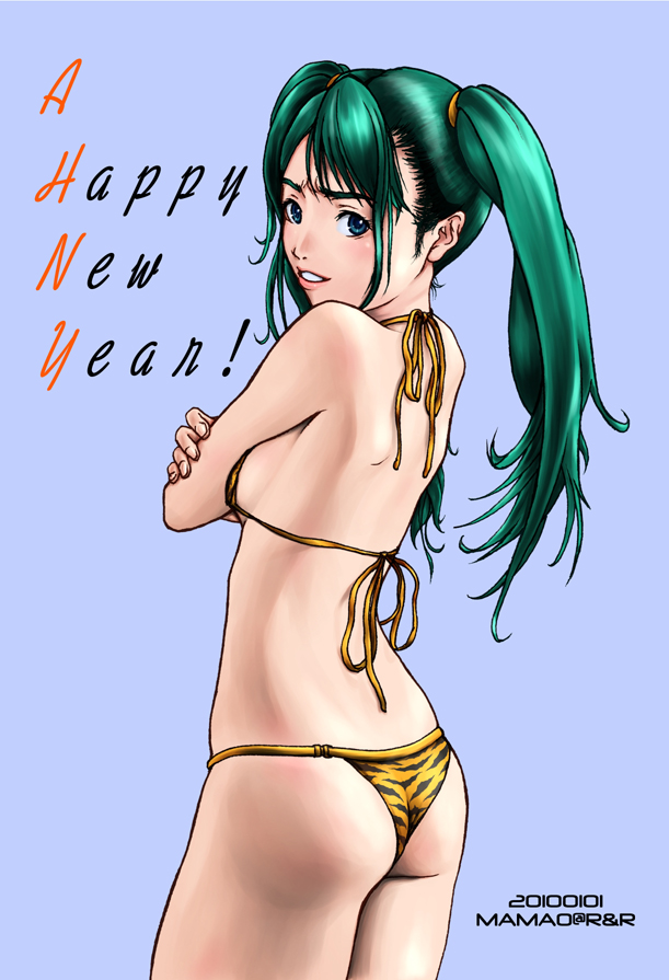 mamao, original, 10s, 2010, animal print, ass, bikini, green eyes, green hair, lips, long hair, looking back, new year, solo, swimsuit, tiger print, twintails