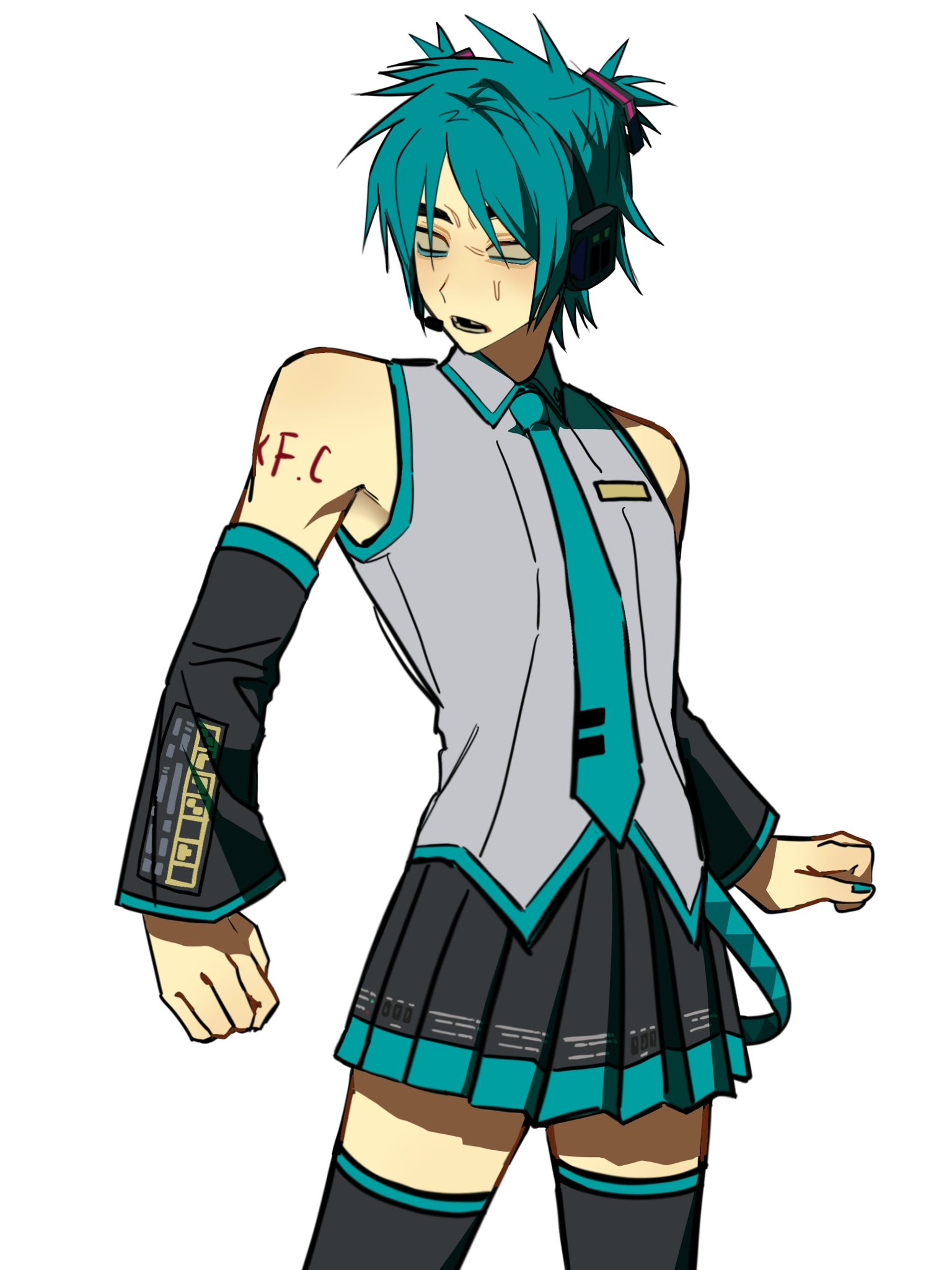 hatsune miku, stuart pot, gorillaz, vocaloid, hashtag-only commentary, highres, 1boy, 2lpxx pi, arm tattoo, bare shoulders, black sleeves, blue hair, blue nails, blue necktie, blue skirt, cosplay, crossdressing, crossdressing (mtf), detached sleeves, hatsune miku (cosplay), headset, male focus, necktie, short hair, simple background, skirt, solo, tattoo, thighhighs, white background
