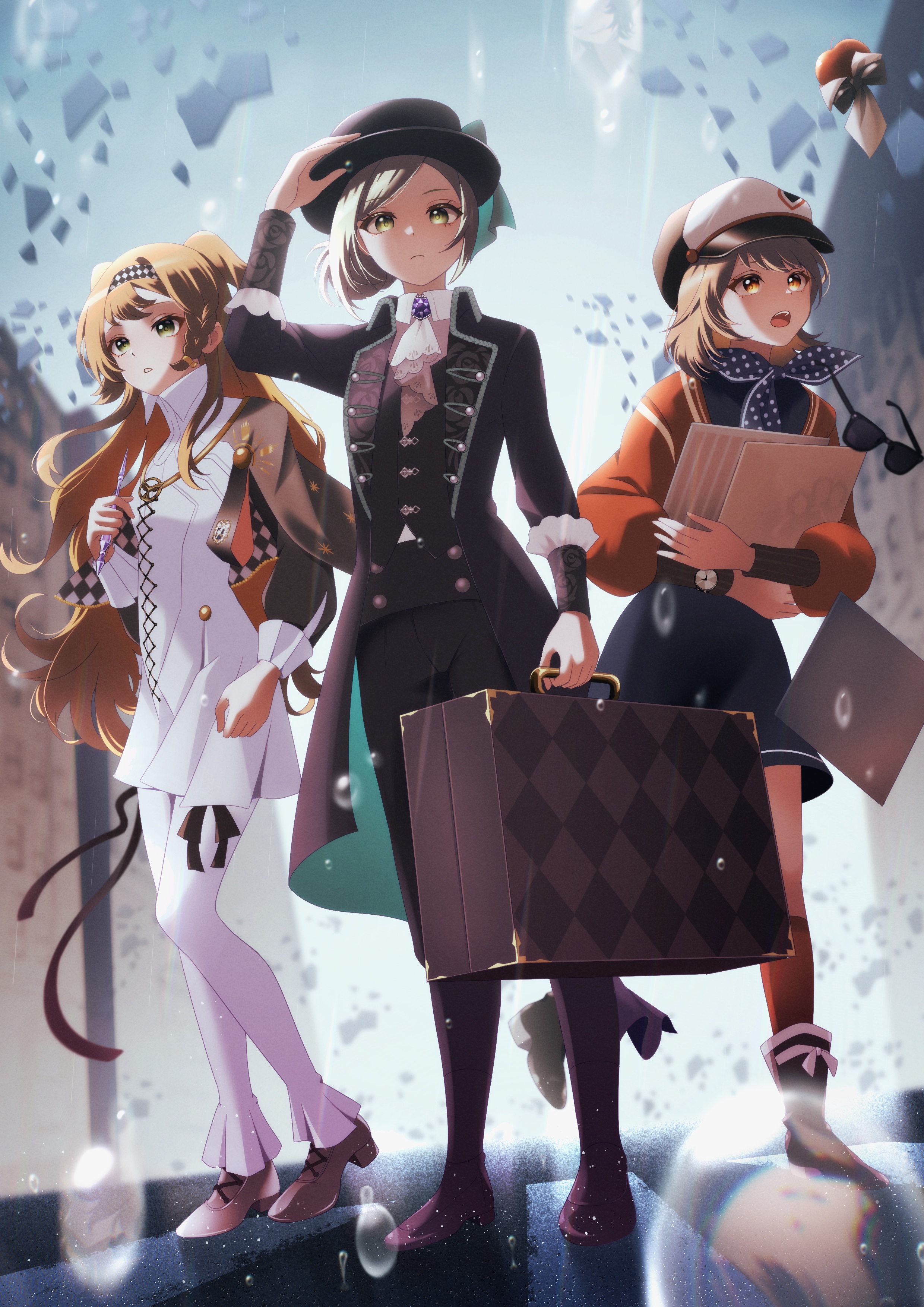 milmil7, apple (reverse:1999), regulus (reverse:1999), sonetto (reverse:1999), vertin (reverse:1999), reverse:1999, absurdres, commentary request, highres, 3girls, :o, ankle boots, apple, arm up, ascot, black boots, black bow, black bowtie, black coat, black hat, black pants, black vest, blue dress, blue neckerchief, boater hat, boots, bow, bowtie, brown hair, building, checkered hairband, coat, collared dress, dress, food, fruit, full body, glass pen, grey cloak, grey hair, grey shoes, grey sky, grey sleeves, hair bun, hairband, hand on headwear, hand up, hat, high collar, holding, holding pen, holding record jacket, hugging object, long hair, looking up, multiple girls, neckerchief, newsboy cap, open mouth, orange eyes, orange hair, pants, pants under dress, pen, polka dot neckerchief, rain, record jacket, red socks, shards, shirt, shoes, short dress, short hair, single side bun, sky, socks, standing, suitcase, sunglasses, traditional bowtie, two side up, unworn eyewear, very long hair, vest, waistcoat, water drop, white ascot, white dress, white pants, white shirt