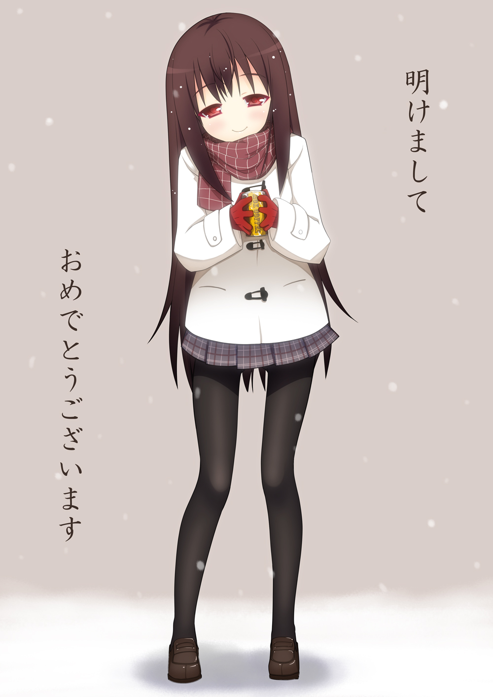 akino sora, original, bad id, bad pixiv id, highres, translation request, 1girl, akeome, black pantyhose, blush, brown hair, can, female focus, gloves, happy new year, legs, long hair, looking at viewer, new year, no nose, pantyhose, red eyes, scarf, skirt, smile, snow, solo, toggles, winter clothes