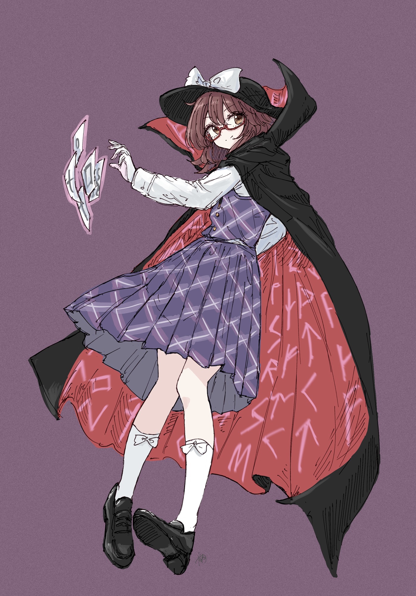 kashiwada kiiho, usami sumireko, touhou, commentary, highres, 1girl, black cloak, black hat, black shoes, bow, bow legwear, brown hair, buttons, cloak, closed mouth, clothes writing, floating, hair between eyes, hat, hat bow, long sleeves, looking at viewer, plaid clothes, plaid skirt, plaid vest, purple background, purple skirt, purple vest, red-framed eyewear, runes, school uniform, shirt, shoes, short hair, skirt, smile, socks, solo, vest, white bow, white shirt, white socks