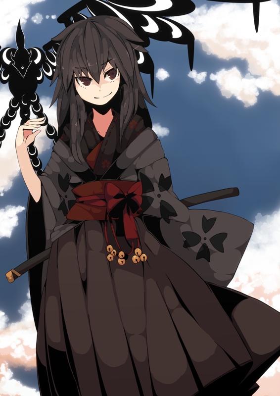 fuurin (omaemona), original, bad id, bad pixiv id, black hair, brown eyes, cloud, day, japanese clothes, katana, long hair, sky, smile, solo, sword, weapon