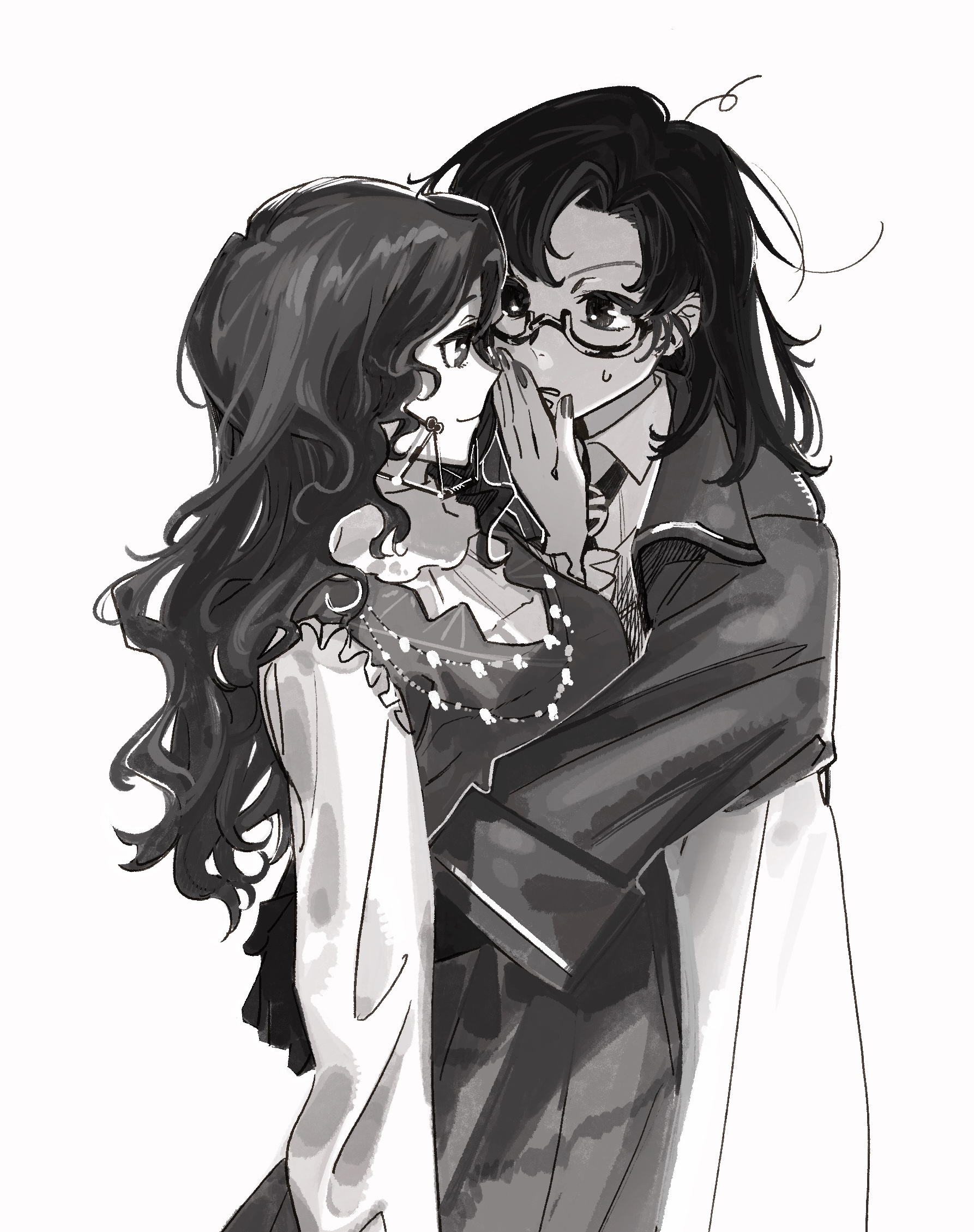 kani (kaniya), tooth fairy (reverse:1999), z (reverse:1999), reverse:1999, commentary request, highres, 2girls, coat, dress, eye contact, face-to-face, glasses, gloves, greyscale, hand on another's face, hand up, hug, long hair, looking at another, monochrome, multiple girls, parted lips, profile, semi-rimless eyewear, shirt, smile, sweat, under-rim eyewear, upper body, white background