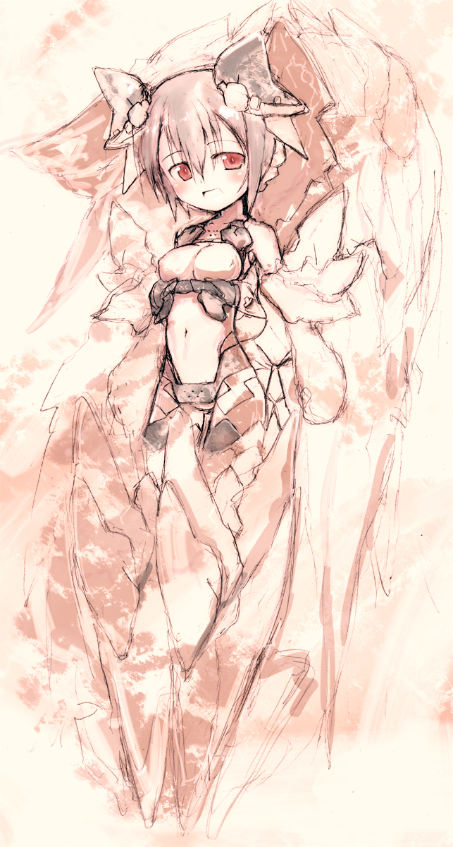 rondo bell, bad id, bad pixiv id, highres, 1girl, blush, female focus, mecha musume, midriff, red eyes, short hair, solo