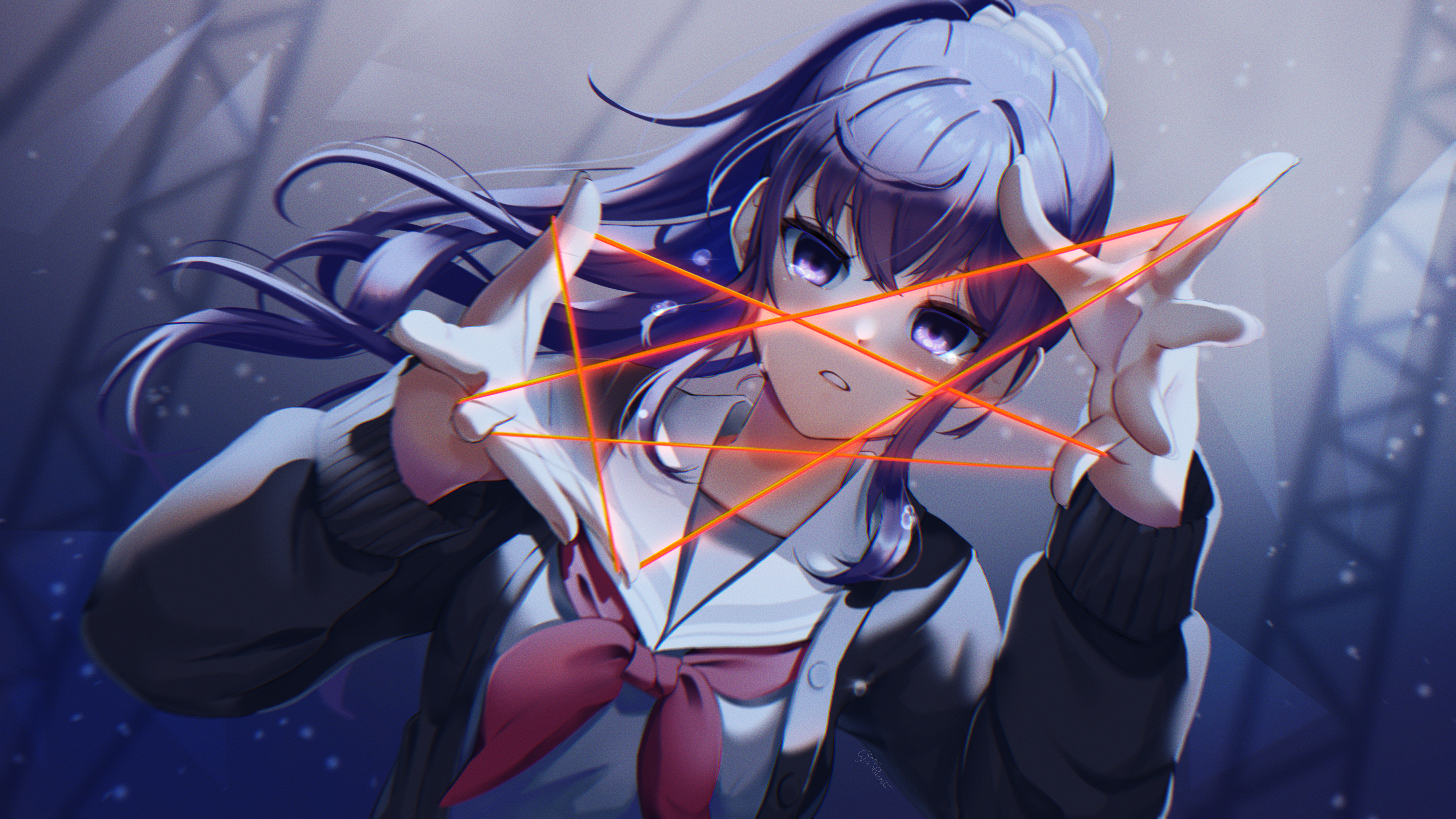 cyan paint, asahina mafuyu, project sekai, absurdres, commentary, english commentary, highres, 1girl, black jacket, cat's cradle, jacket, long hair, looking at viewer, parted lips, pentagram, ponytail, purple eyes, purple hair, rubber band, school uniform, serafuku, solo, stage, tears, upper body