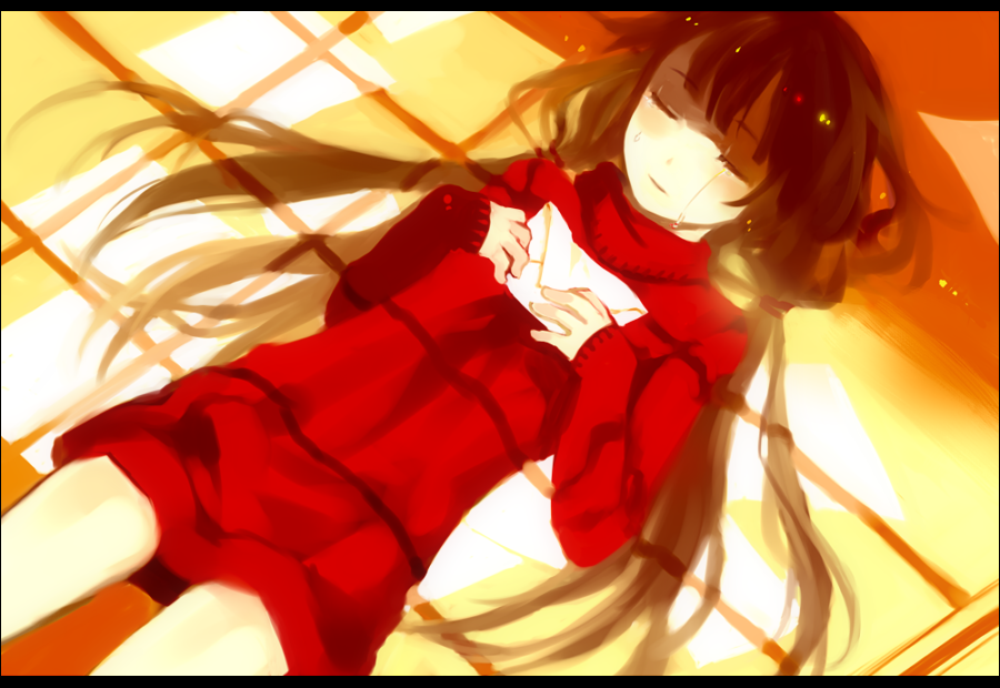 tan (tangent), ted (artist), bad id, bad pixiv id, 1girl, blush, brown hair, closed eyes, dress, female focus, legs, letter, long hair, lying, on back, solo, sweater, sweater dress, tears, twintails