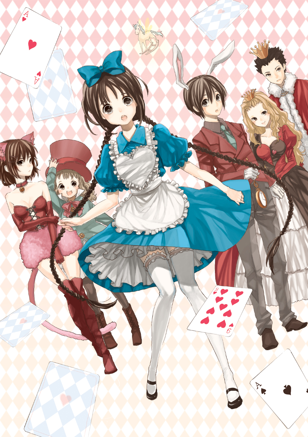 kumatani, alice (alice in wonderland), cheshire cat (alice in wonderland), mad hatter (alice in wonderland), queen of hearts (alice in wonderland), white rabbit (alice in wonderland), alice's adventures in wonderland, bad id, bad pixiv id, highres, 2boys, 4girls, animal ears, blush, boots, braid, brown eyes, brown hair, card, child, crown, dress, elbow gloves, floating card, gloves, hair ribbon, hat, legs, long hair, multiple boys, multiple girls, rabbit ears, ribbon, tail, thigh boots, thighhighs, twin braids, very long hair, white thighhighs
