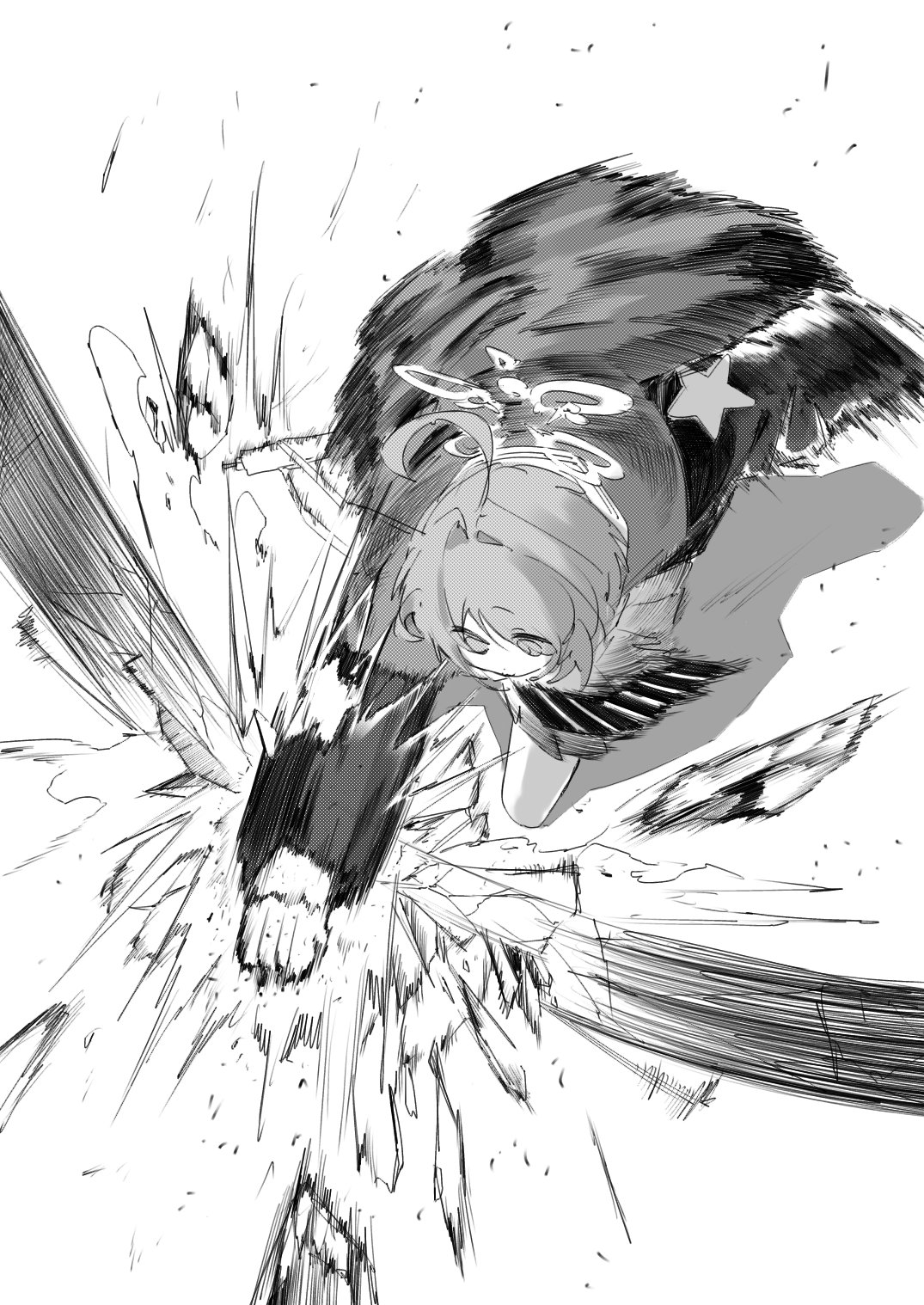 a (mitei7926), ritsu (blue archive), blue archive, commentary request, highres, 1girl, ahoge, clenched hand, greyscale, halo, jacket, long sleeves, miniskirt, monochrome, motion blur, punching, shadow, short hair, skirt, solo