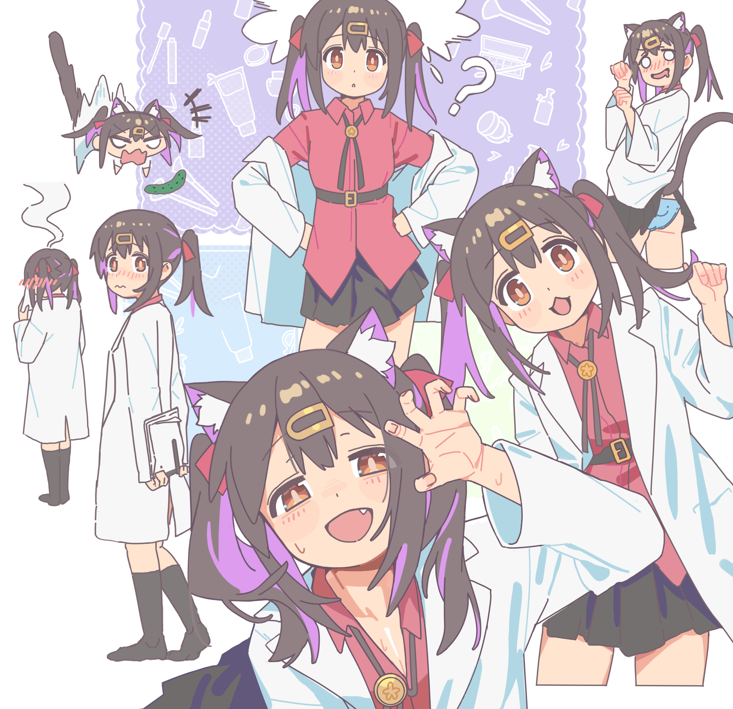xiu kukkii, oyama mihari, onii-chan wa oshimai!, absurdres, chinese commentary, commentary, highres, +++, 1girl, 3:, :3, :d, ?, animal ear fluff, animal ears, arms behind back, belt, black belt, black ribbon, black socks, blush, blush stickers, brown eyes, brown hair, cat ears, cat girl, cat tail, chibi, chibi inset, claw pose, closed mouth, coat, coat partially removed, collared shirt, colored inner hair, cucumber, embarrassed, full body, hair ornament, hairclip, hand up, hands on own hips, hands up, kemonomimi mode, kneehighs, lab coat, leaning to the side, long sleeves, looking at viewer, medium hair, multicolored hair, multiple views, neck ribbon, nose blush, open clothes, open coat, open mouth, paw pose, purple hair, red shirt, ribbon, shirt, sidelocks, simple background, smile, socks, standing, steaming body, sweatdrop, tail, tareme, twintails, two-tone hair, upper body, white background, white coat, wide sleeves