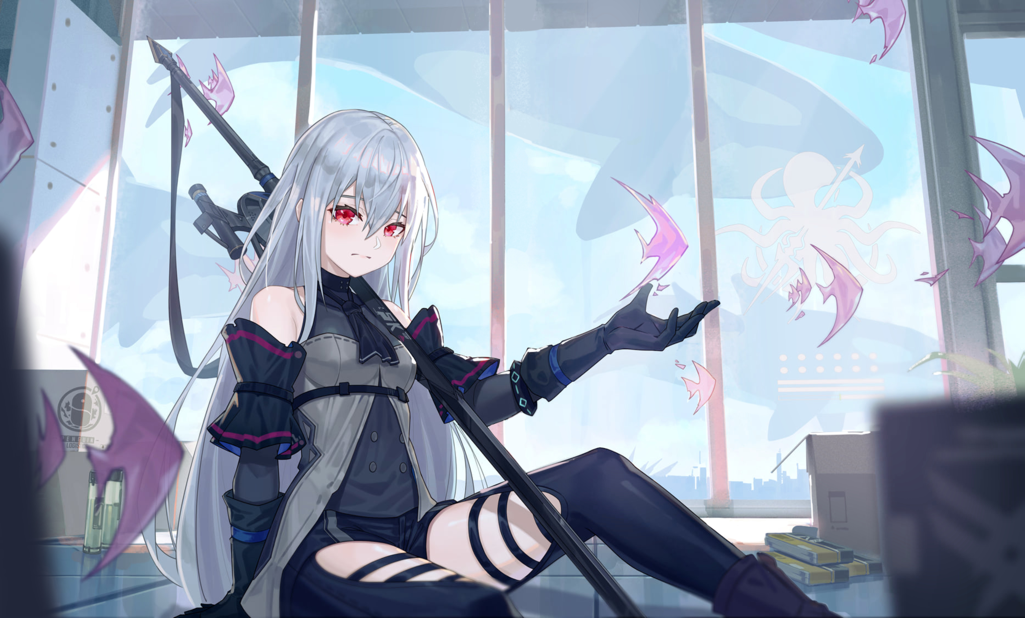 whitecrow4444, infection monitor (arknights), skadi (arknights), skadi (elite ii) (arknights), arknights, absurdres, commentary request, highres, 1girl, abyssal hunters logo, angelfish, arm cuffs, ascot, bare shoulders, black ascot, black chaps, black gloves, black pants, black shirt, blurry, blurry foreground, breasts, chaps, closed mouth, clothing cutout, cloud, day, detached sleeves, feet out of frame, fish, flying fish, flying whale, gloves, hair between eyes, hat, indoors, long hair, looking at viewer, no headwear, on floor, orca, pants, red eyes, scenery, shirt, sitting, skyline, solo, sword, thigh cutout, tropical fish, very long hair, weapon, whale, white hair, window
