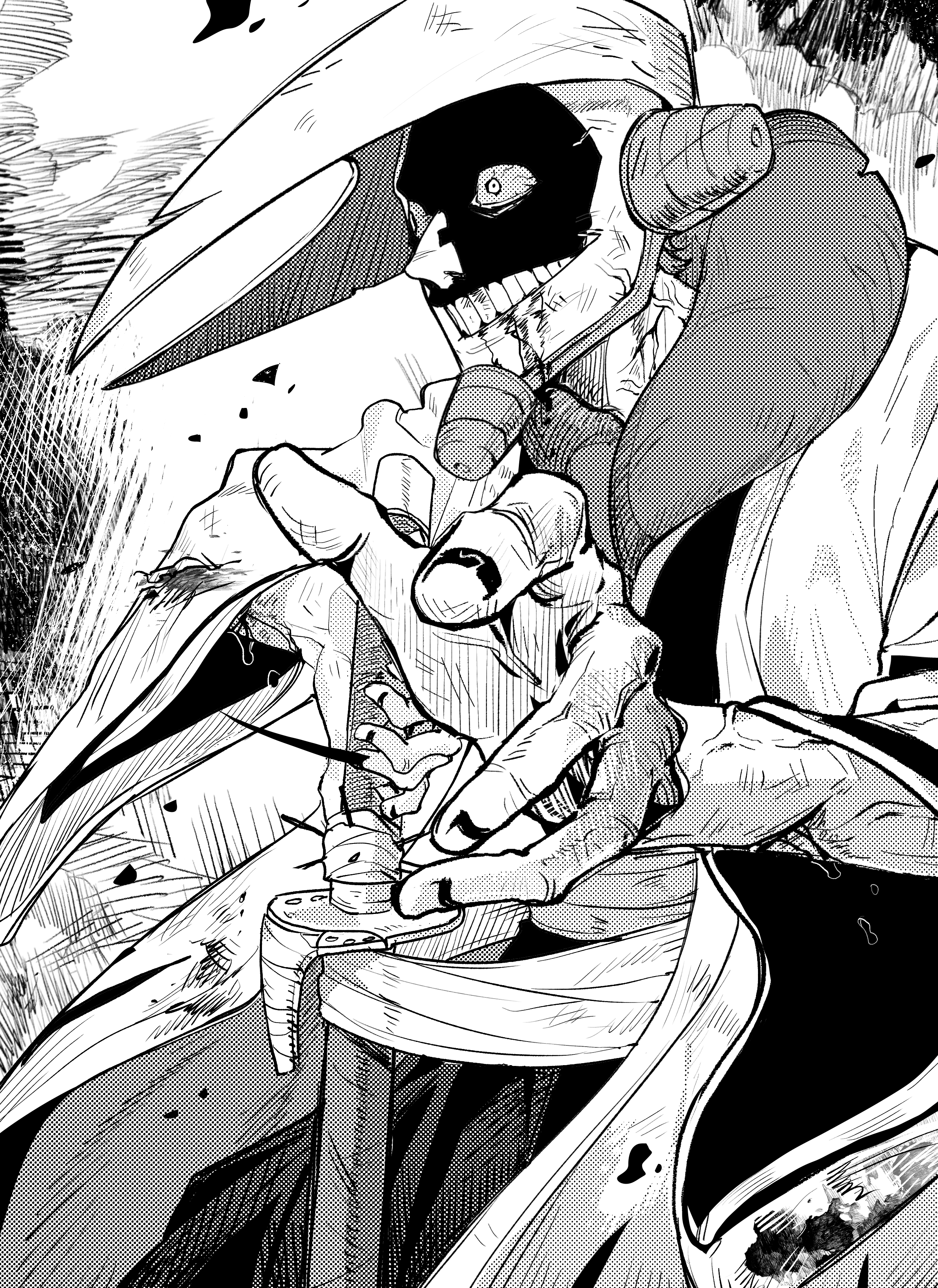 kurotsuchi mayuri, bleach, absurdres, hashtag-only commentary, highres, 1boy, blood, blood on clothes, greyscale, haori, japanese clothes, katana, male focus, monochrome, nail polish, smile, solo, sword, taichou haori, teeth, veins, veiny arms, veiny face, weapon, yatongko0707