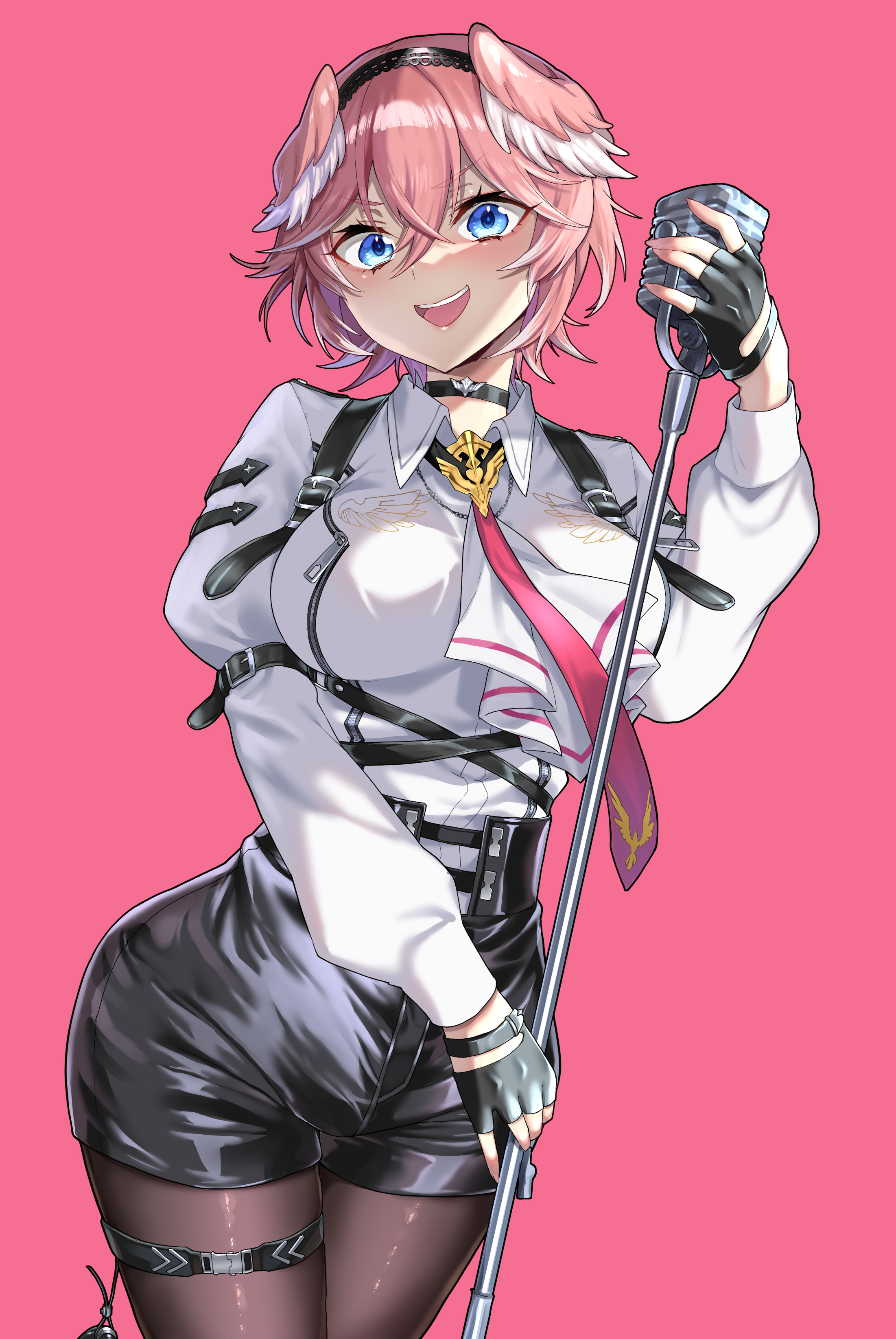 minatasiro, takane lui, takane lui (1st costume), hololive, absurdres, commentary request, highres, 1girl, ascot, black choker, black gloves, black hairband, black pantyhose, black shorts, blue eyes, breast zipper, breasts, chest harness, choker, contrapposto, cowboy shot, double-parted bangs, dress shirt, fingerless gloves, gloves, hair between eyes, hairband, harness, head wings, high-waist shorts, holding, holding microphone, large breasts, leather shorts, long sleeves, looking at viewer, microphone, necktie, open mouth, pantyhose, pink background, pink hair, pink wings, red necktie, shiny clothes, shirt, short hair, shorts, simple background, sleeve garter, solo, teeth, thigh strap, upper teeth only, v-shaped eyebrows, virtual youtuber, white ascot, white shirt, wide hips, wings