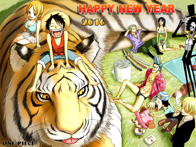 zugan (berugkamp), brook (one piece), franky (one piece), monkey d. luffy, nami (one piece), nico robin, roronoa zoro, sanji (one piece), tony tony chopper, usopp, one piece, 10s, 2010, 2girls, 6+boys, abs, afro, antlers, barefoot, black hair, blonde hair, blue hair, book, breasts, chain, chain necklace, cigarette, cleavage, copyright name, everyone, eyewear on head, formal clothes, green hair, hair over one eye, happy, hat, horns, jewelry, katana, large breasts, long nose, multiple boys, multiple girls, necklace, necktie, new year, open clothes, open shirt, orange hair, pink hat, scar, shirt, short hair, skeleton, smoking, straw hat, suit, sunglasses, sword, tattoo, tiger, top hat, weapon