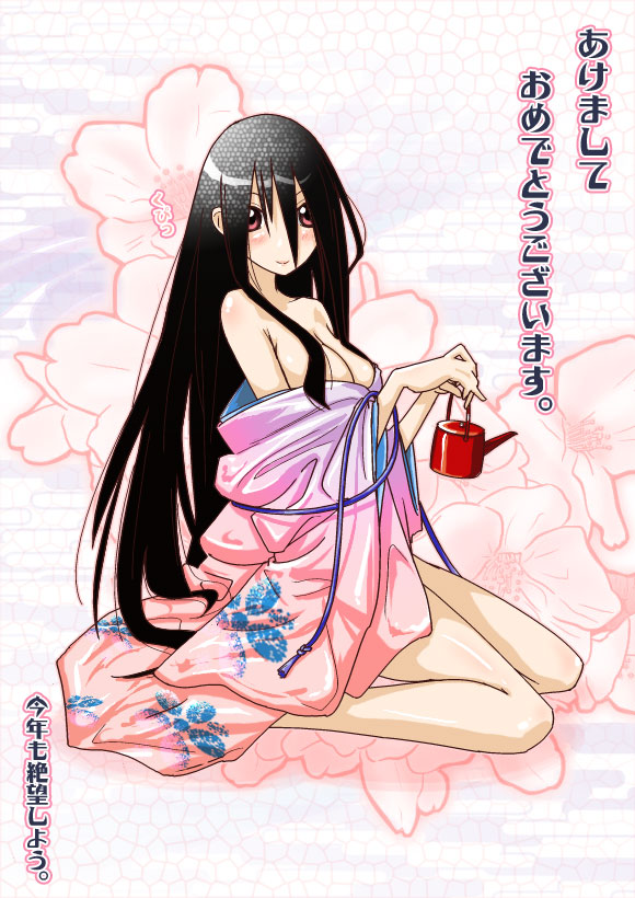 sakebuotoko, komori kiri, sayonara zetsubou sensei, translation request, 00s, 1girl, bare shoulders, black hair, blush, breasts, cleavage, female focus, japanese clothes, kimono, kneeling, legs, long hair, medium breasts, solo, undressing