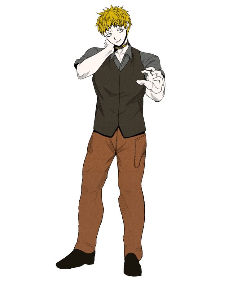 shinogi keiji, kimi ga shine, official art, 1boy, bags under eyes, black vest, blonde hair, brown pants, choker, collarbone, full body, grey eyes, grey shirt, grin, male focus, muscular, muscular male, nankidai, pants, shirt, shoes, short hair, simple background, sleeves rolled up, smile, solo, vest