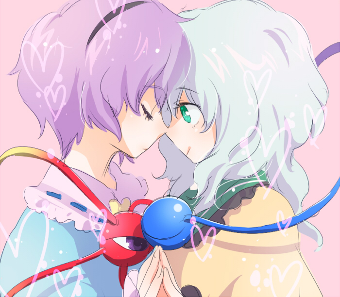 machiko (beard), komeiji koishi, komeiji satori, touhou, silver hair, 2girls, female focus, green eyes, hairband, imminent kiss, kiss, kissing nose, multiple girls, noses touching, profile, purple hair, siblings, simple background, sisters, upper body