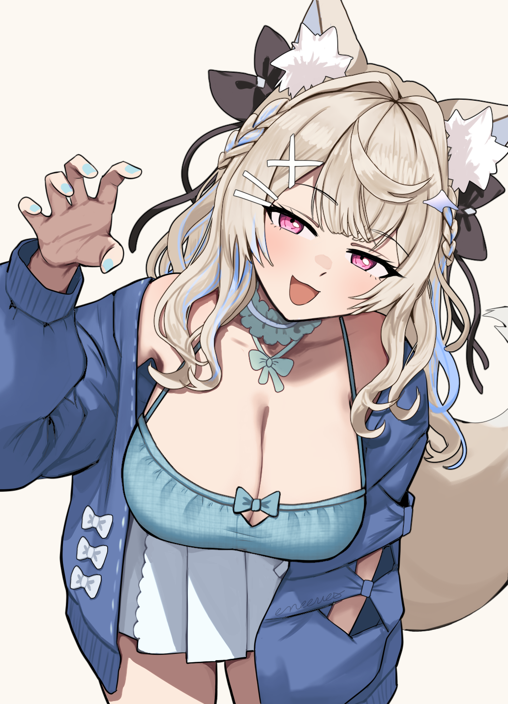 eneeues, fuwawa abyssgard, fuwawa abyssgard (casual), hololive, hololive english, commentary, highres, 1girl, :d, animal ear fluff, animal ears, black bow, blonde hair, blue camisole, blue choker, blue hair, blue jacket, blue streaks, bow, braid, breasts, camisole, center-flap bangs, choker, claw pose, cleavage, crossed bangs, curly hair, dog ears, dog girl, dog tail, double-parted bangs, frilled camisole, frills, hair bow, hair ornament, hairclip, hand up, jacket, large breasts, leaning forward, long hair, looking at viewer, official alternate costume, official alternate hairstyle, open mouth, pink eyes, plaid camisole, side braids, simple background, skirt, smile, solo, tail, virtual youtuber, white background, white skirt, x hair ornament