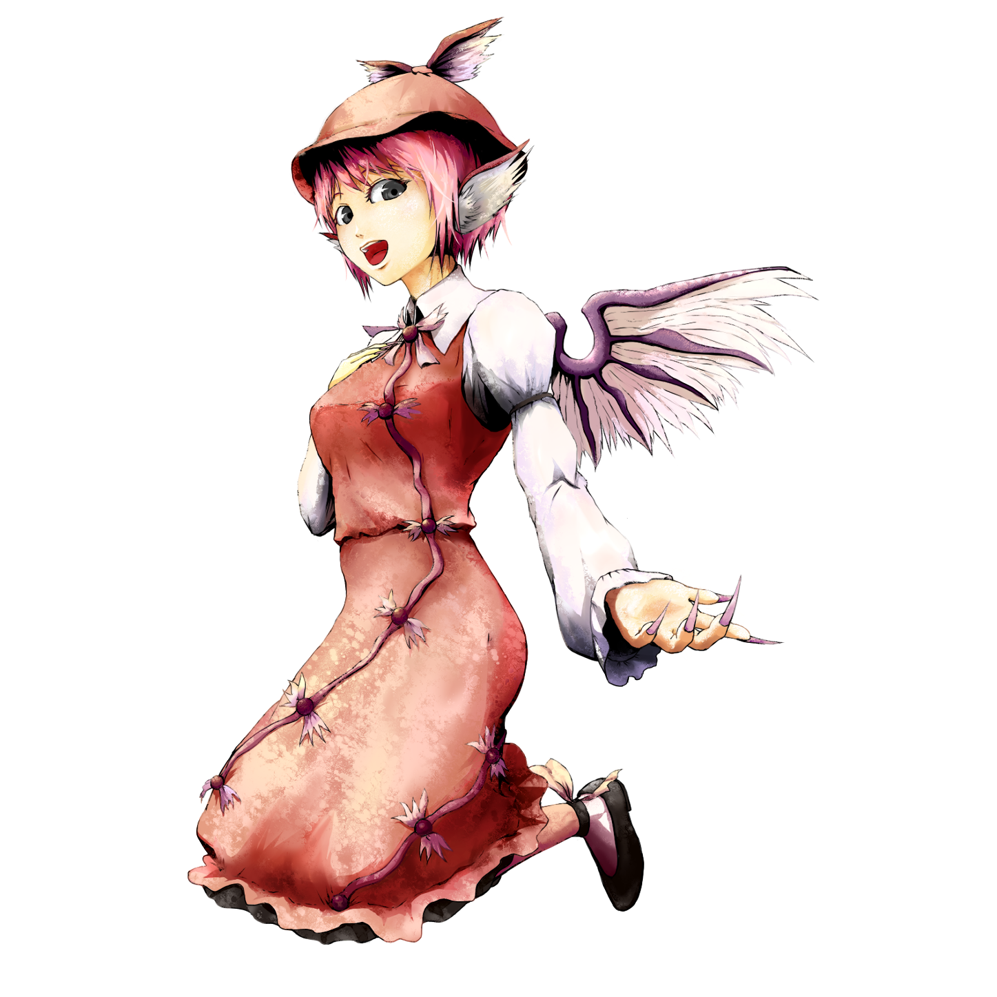 hara tamakita, mystia lorelei, touhou, bad id, bad pixiv id, highres, 1girl, black eyes, bow, dress, female focus, fingernails, full body, hair bow, hat, kneeling, long fingernails, long sleeves, looking down, nail (hardware), open mouth, outstretched arm, outstretched hand, pink hair, shoes, short hair, solo, transparent background, wings