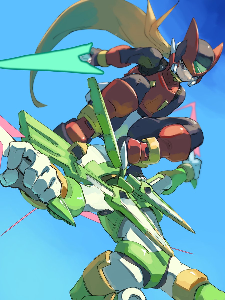 omochi (mochi skymega), sage harpuia (mega man), zero(z) (mega man), zero (mega man), mega man (series), mega man zero (series), commentary request, highres, 2boys, android, armor, blonde hair, blue background, dual wielding, energy sword, fighting in air, forehead jewel, from below, full body, green helmet, helmet, holding, holding sword, holding weapon, long hair, male focus, mechanical wings, multiple boys, red armor, red helmet, sword, weapon, wings, z saber