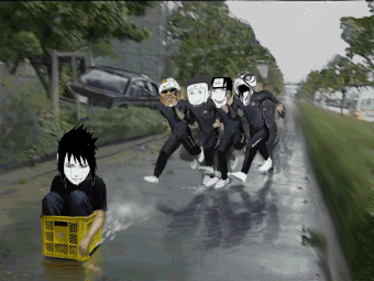 killer bee, uchiha itachi, uchiha sasuke, yamato (naruto), naruto (series), naruto shippuuden, animated, animated gif, lowres, photo (medium), third-party edit, 5boys, bird, catch that man, eagle, meme, multiple boys, running, what