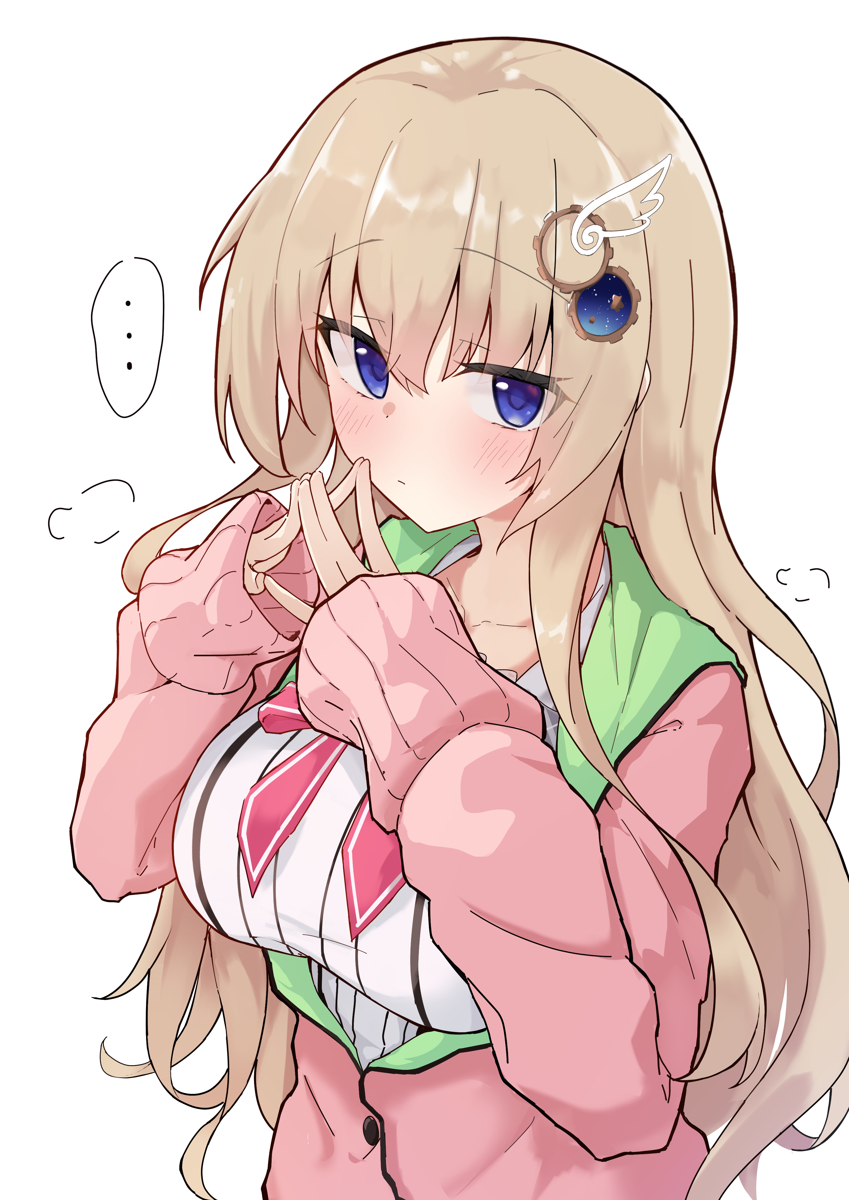 takoyaki032002, kujou miyako, 9-nine-, absurdres, commentary, highres, …, 1girl, ||/, blue eyes, blush, bow, bowtie, breasts, brown hair, cardigan, closed mouth, dress, eyelashes, eyes visible through hair, frown, gear hair ornament, hair between eyes, hair ornament, hakusen academy school uniform, hands up, large breasts, long hair, looking at viewer, open cardigan, open clothes, own hands together, partially unbuttoned, pink bow, pink bowtie, pink cardigan, school uniform, shy, sidelocks, simple background, sleeves past wrists, solo, speech bubble, spoken ellipsis, star (symbol), star print, steepled fingers, upper body, very long hair, white background, white dress, wing hair ornament