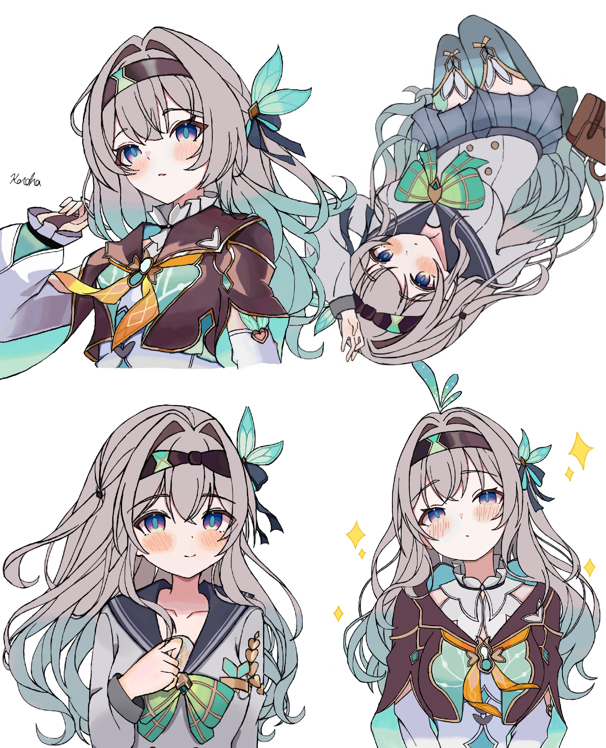 kotohaneko 0307, firefly (honkai: star rail), firefly (spring missive) (honkai: star rail), honkai: star rail, honkai (series), absurdres, commentary request, highres, bag, black hairband, black jacket, black ribbon, blue thighhighs, collarbone, grey hair, grey sailor collar, grey skirt, hair between eyes, hair ornament, hairband, handbag, jacket, long hair, long sleeves, lying, multicolored eyes, multiple views, neckerchief, on back, orange neckerchief, purple eyes, ribbon, sailor collar, school uniform, serafuku, shirt, simple background, skirt, thighhighs, two-tone eyes, white background, white shirt