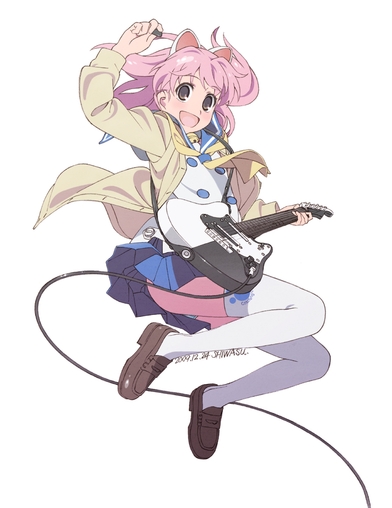 shiwasu takashi, original, 1girl, animal ears, ass, blush, brown eyes, female focus, full body, guitar, happy, instrument, jumping, legs, long hair, pink hair, school uniform, simple background, skirt, solo, thighhighs, white background, white thighhighs