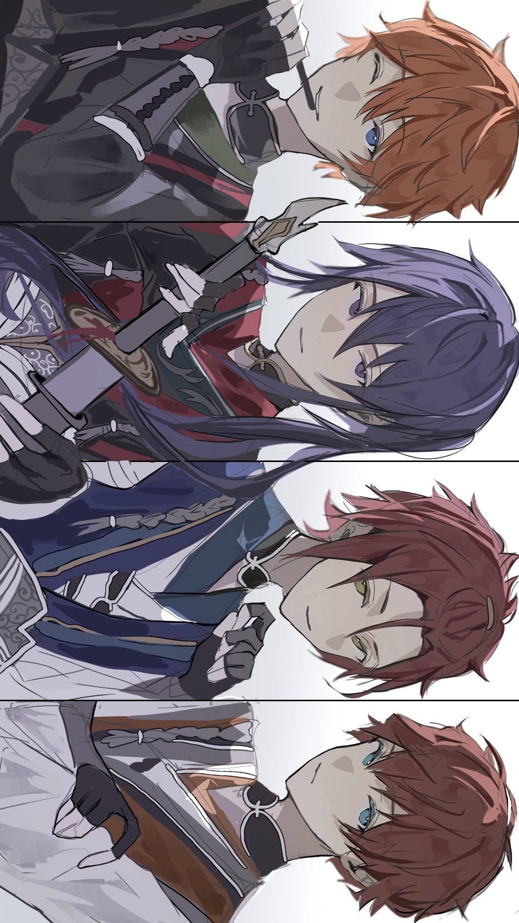 akehoshi subaru, amagi hiiro, isara mao, kanzaki souma, ensemble stars!, commentary, highres, 4boys, bangs pinned back, black gloves, black hanfu, blue eyes, blue hanfu, chinese clothes, closed mouth, collar cutout, column lineup, fingerless gloves, flute, frown, gloves, green eyes, hair between eyes, hair over shoulder, hand on own arm, hanfu, holding, holding flute, holding instrument, holding sword, holding weapon, instrument, katana, long hair, long sleeves, looking at viewer, male focus, multiple boys, one eye closed, orange hair, orange hanfu, parted lips, ponytail, purple eyes, purple hair, red hair, red hanfu, sheath, shimal l, short hair, sidelocks, sideways, simple background, smile, sword, two-tone hanfu, unsheathing, v-shaped eyebrows, weapon, white background, white hanfu