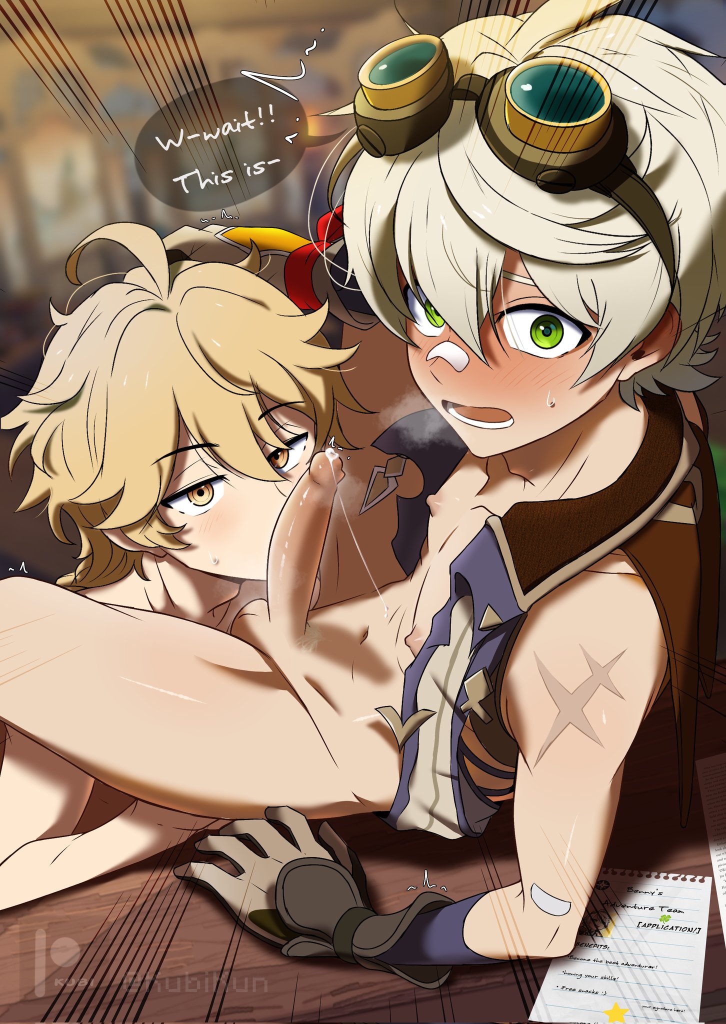 kubikun, aether (genshin impact), bennett (genshin impact), genshin impact, highres, 2boys, ahoge, bandaid, bandaid on face, bandaid on nose, blonde hair, blush, caught, embarrassed, english text, erection, fellatio, gloves, goggles, goggles on head, green eyes, grey hair, hair between eyes, hand on another's head, looking at viewer, male focus, multiple boys, naked vest, navel, nipples, nude, open mouth, oral, patreon logo, penis, precum, scar, scar on arm, speech bubble, sweatdrop, testicles, trap, trembling, twitter username, uncensored, vest, yaoi, yellow eyes