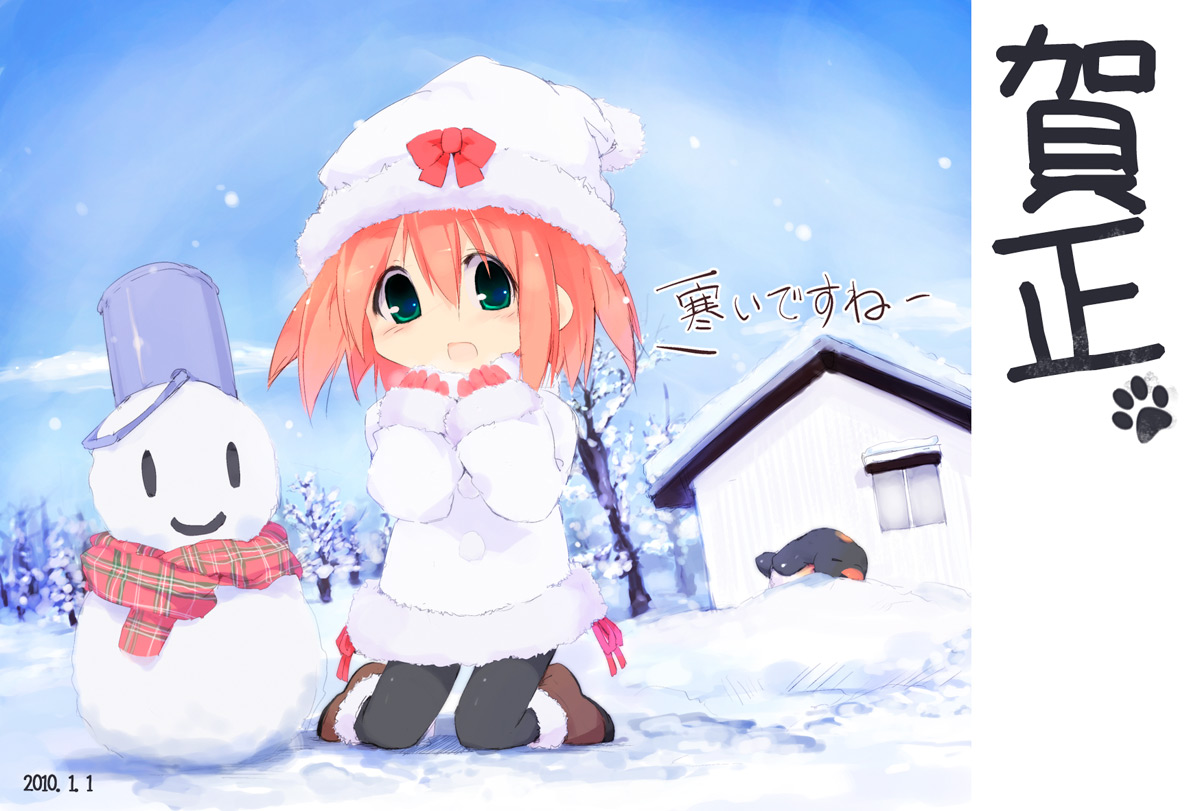 kuroba u, original, 1girl, blush, child, female focus, green eyes, hat, kneeling, pantyhose, red hair, short hair, snow, snowman, solo