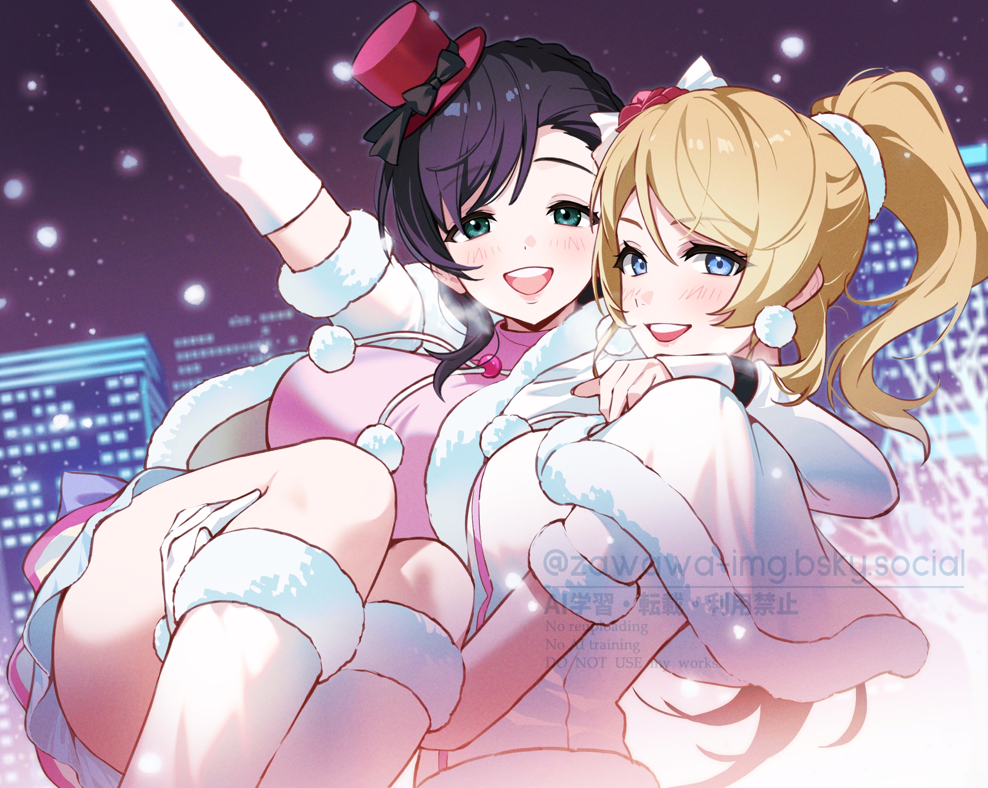 zawawa (satoukibi1108), ayase eli, tojo nozomi, love live!, love live! school idol project, commentary request, highres, 2girls, blonde hair, blue eyes, carrying, carrying person, christmas, city lights, dress, green eyes, multiple girls, pink dress, princess carry, purple hair, scrunchie, smile, watermark, white dress, white scrunchie, yuri