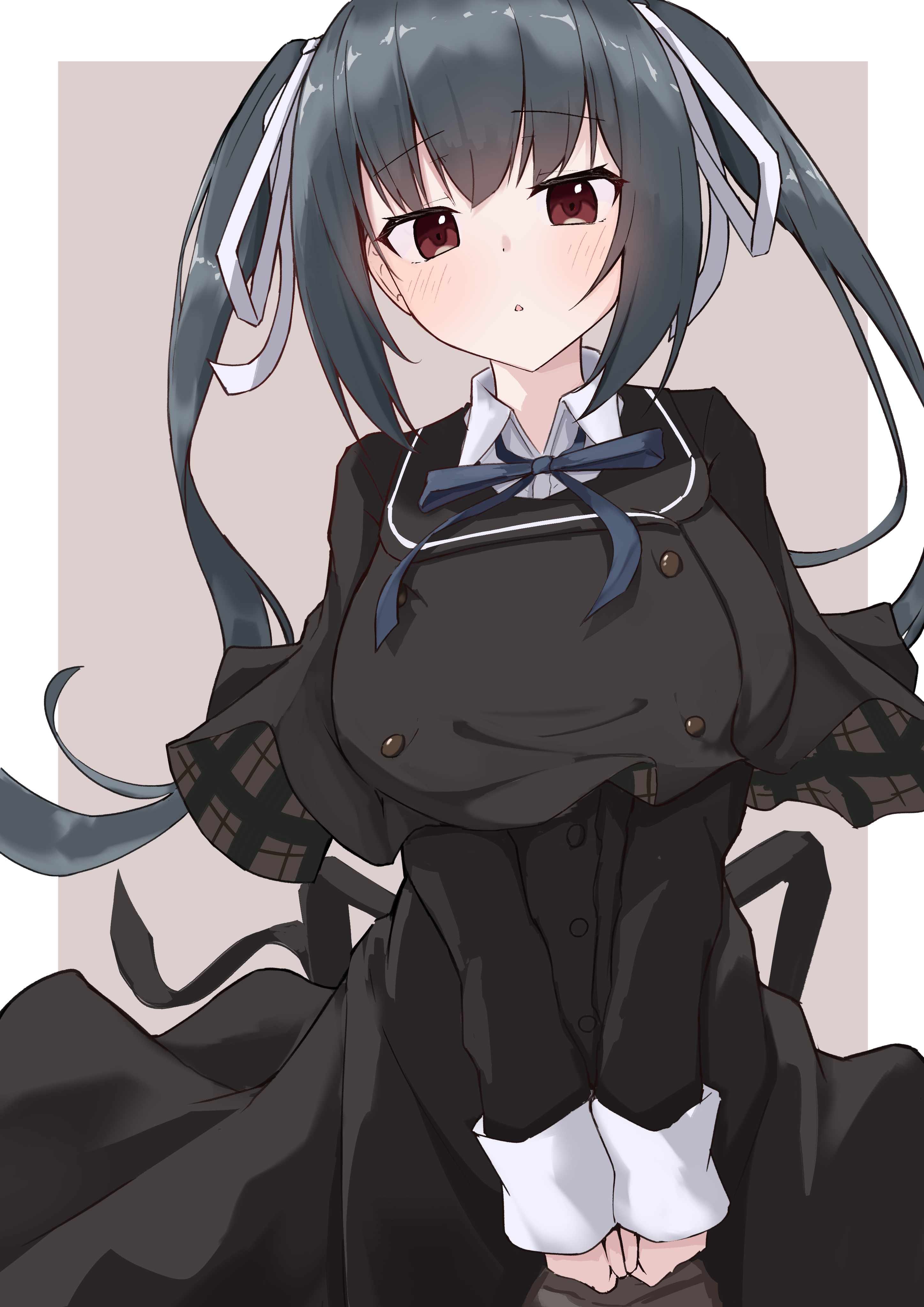 takoyaki032002, honma misuzu, sakura no toki, sakura no uta, absurdres, commentary, highres, 1girl, black capelet, black hair, black shirt, black skirt, blue ribbon, blush, border, breasts, brown background, buttons, capelet, collared shirt, cowboy shot, double-breasted, floating hair, hair ribbon, long hair, long sleeves, looking at viewer, neck ribbon, outside border, parted lips, red eyes, ribbon, school uniform, shirt, sidelocks, simple background, skirt, solo, twintails, v arms, very long hair, white border, white ribbon