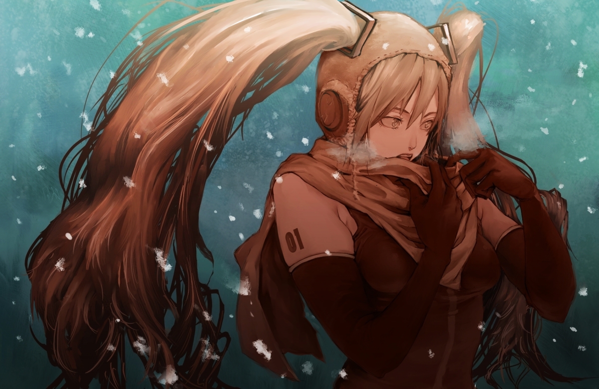 iridori, hatsune miku, vocaloid, earmuffs, elbow gloves, gloves, hat, long hair, scarf, snow, solo, twintails