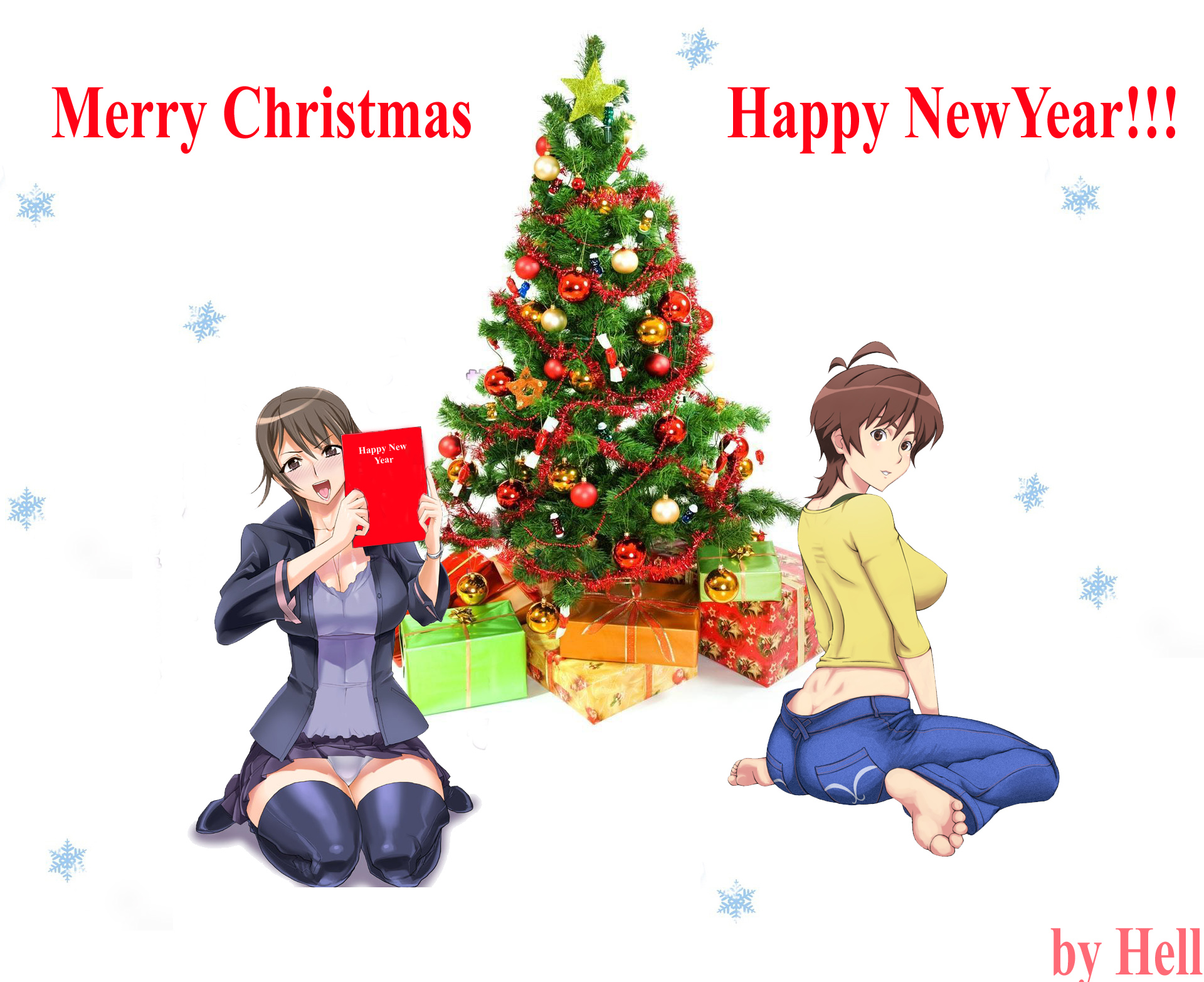 kazunari, satou shouji, amaha masane, tsuzuki shiori, witchblade, black legwear, highres, photo (medium), third-party edit, 00s, 2girls, :d, antenna hair, ass, back, barefoot, black bra, blush, boots, bra, bracelet, breasts, brown eyes, christmas, christmas ornaments, christmas tree, cleavage, crop top, denim, dimples of venus, english text, feet, gift, grey eyes, grey hair, hair between eyes, head tilt, high collar, holding, jacket, jeans, jewelry, large breasts, looking back, mature female, midriff, miniskirt, multiple girls, new year, no panties, open clothes, open jacket, open mouth, panties, pants, pantyshot, parted bangs, profile, seiza, shadow, shirt, short hair, simple background, sitting, skirt, smile, snowflakes, soles, spread legs, star (symbol), taut clothes, taut shirt, thigh boots, thighhighs, toes, tree, underwear, upskirt, wariza, watermark, white background, white panties, wide sleeves