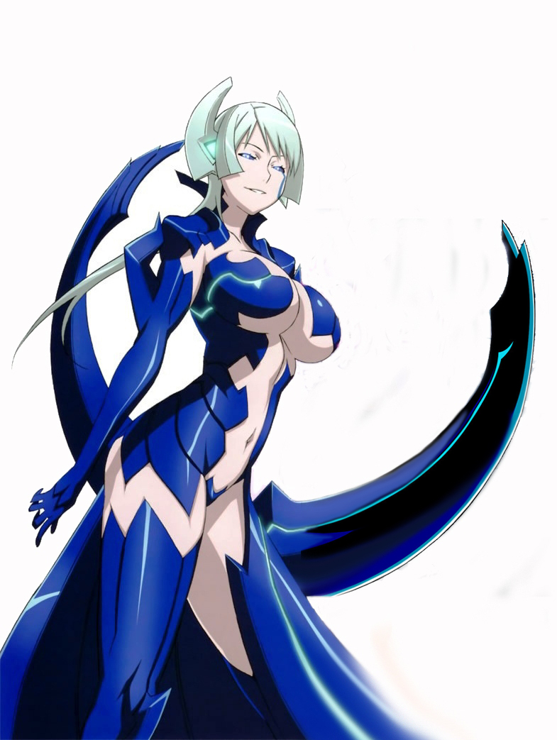 tsuzuki shiori, witchblade, 00s, 1girl, armor, breasts, cleavage, cloneblade, female focus, grin, large breasts, smile, solo, white hair