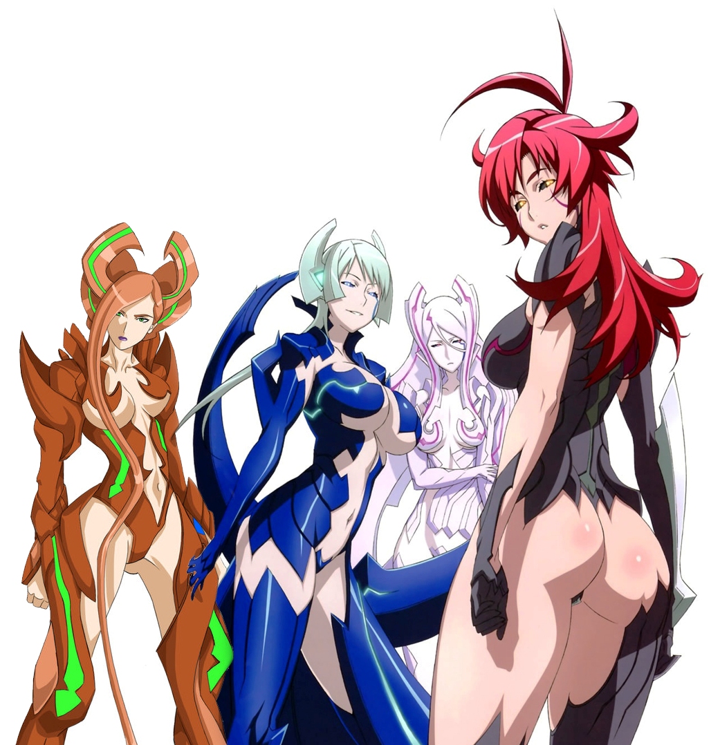 amaha masane, nora (witchblade), soho reina, tsuzuki shiori, witchblade, third-party edit, 00s, 4girls, armor, ass, bikini armor, black sclera, blue eyes, blue hair, breasts, cloneblade, colored sclera, colored skin, curvy, green eyes, large breasts, legs, long hair, looking at viewer, looking back, looking to the side, masane, multiple girls, navel, orange hair, pale skin, pink eyes, red hair, shiny skin, simple background, smile, thighs, weapon, white background, white hair, white skin