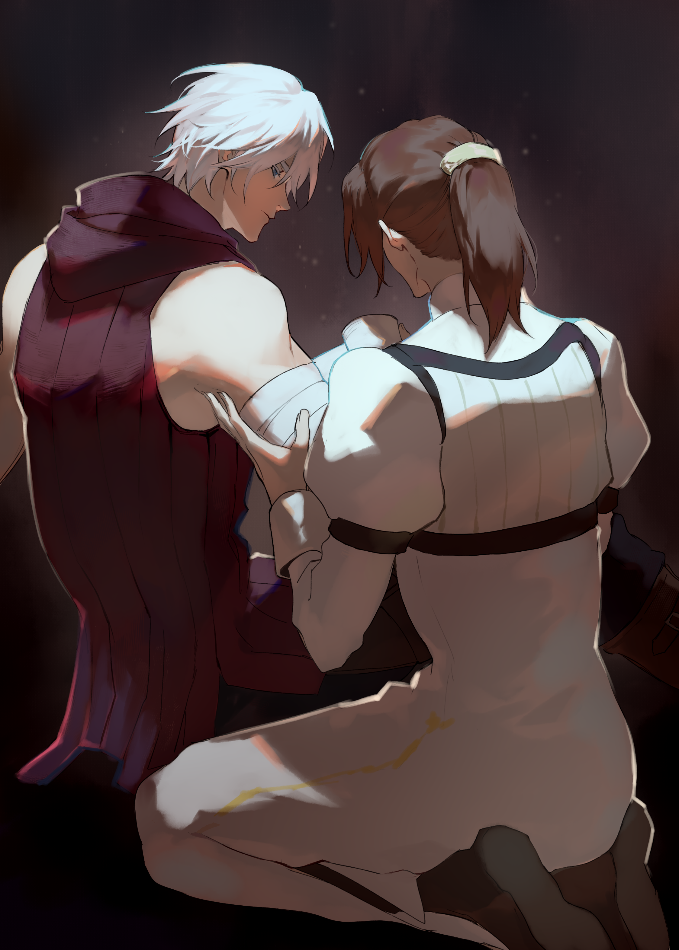 xinjinjumin5298231, kyrie (devil may cry), nero (devil may cry), devil may cry (series), absurdres, highres, 1boy, 1girl, bandaged arm, bandages, bare shoulders, blue eyes, brown background, brown hair, closed mouth, couple, dress, from behind, from side, high ponytail, hood, hood down, hoodie, light particles, long hair, long sleeves, looking to the side, muscular, muscular male, ponytail, puffy long sleeves, puffy sleeves, red hoodie, shade, shaded face, sitting, sleeveless, sleeveless hoodie, wariza, white hair
