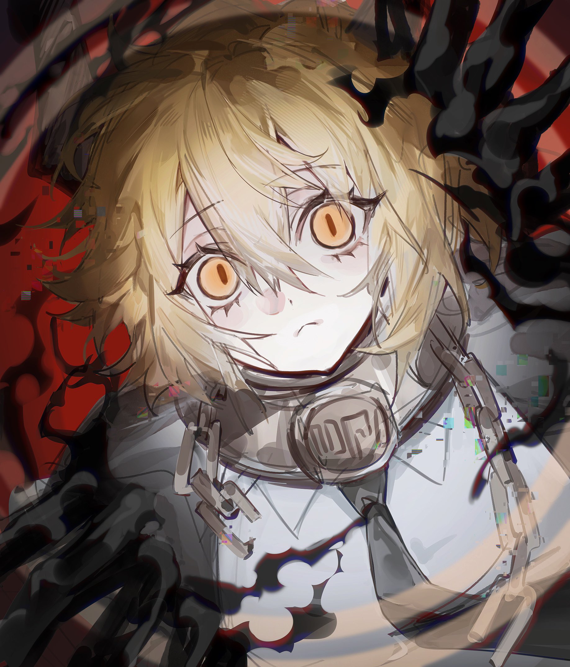 bochishiraita, don quixote (project moon), limbus company, project moon, hashtag-only commentary, highres, 1girl, black horns, black jacket, black necktie, blonde hair, broken, broken chain, chain, closed mouth, collar, collared shirt, cuffs, dutch angle, e.g.o (project moon), glitch, hair between eyes, horns, index (identity) (project moon), jacket, looking at viewer, messy hair, metal collar, necktie, portrait, procuration (e.g.o), shirt, short hair, slit pupils, solo, white shirt, wide-eyed, yellow eyes