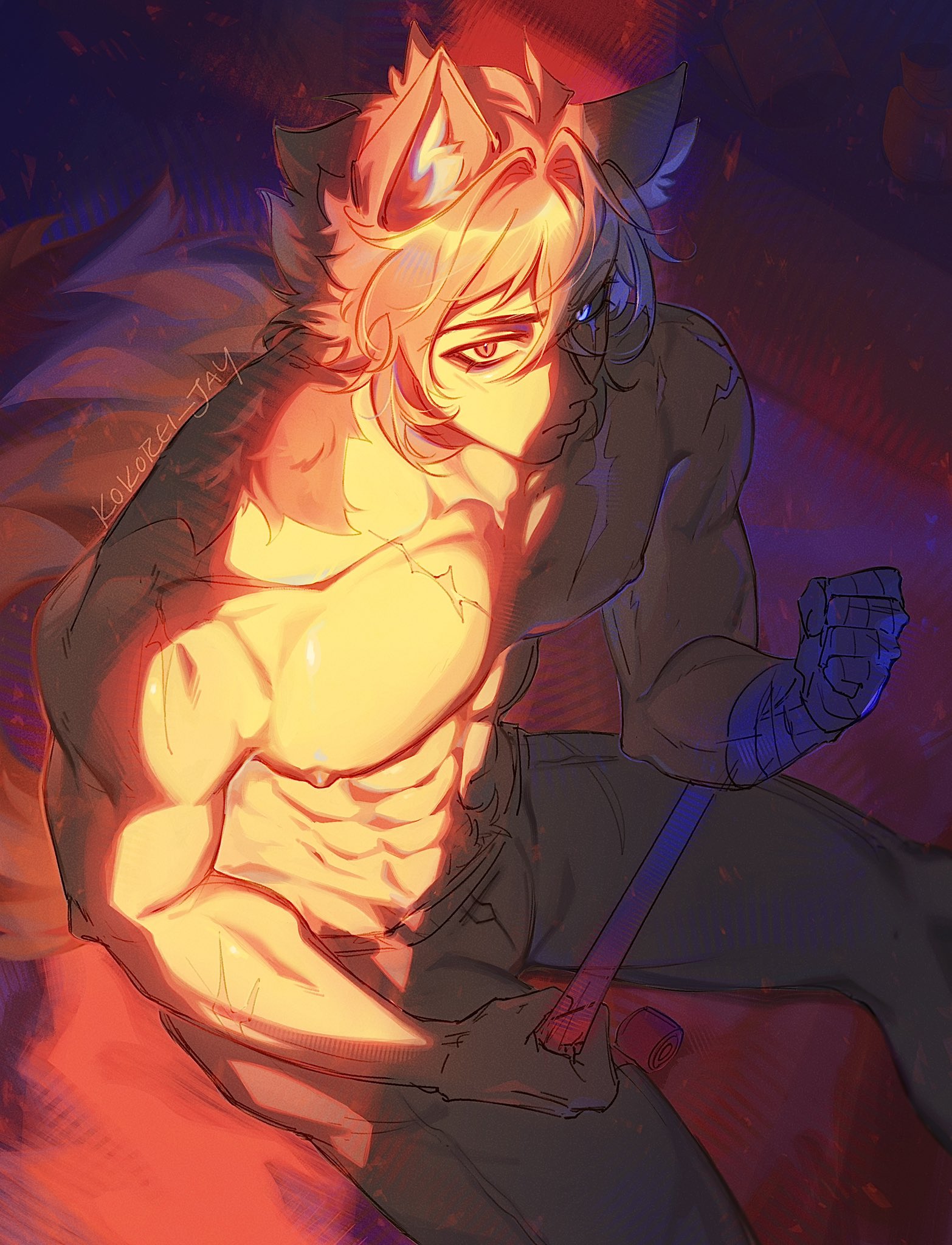 komano manato, komano manato (white heart silhouette), commentary, highres, 1boy, animal ears, bandaged arm, bandages, blue eyes, dog boy, dog ears, dog tail, kokorei jay, large pectorals, male focus, muscular, muscular male, nipples, pants, pectoral cleavage, pectorals, pout, red eyes, scar, tail, topless male